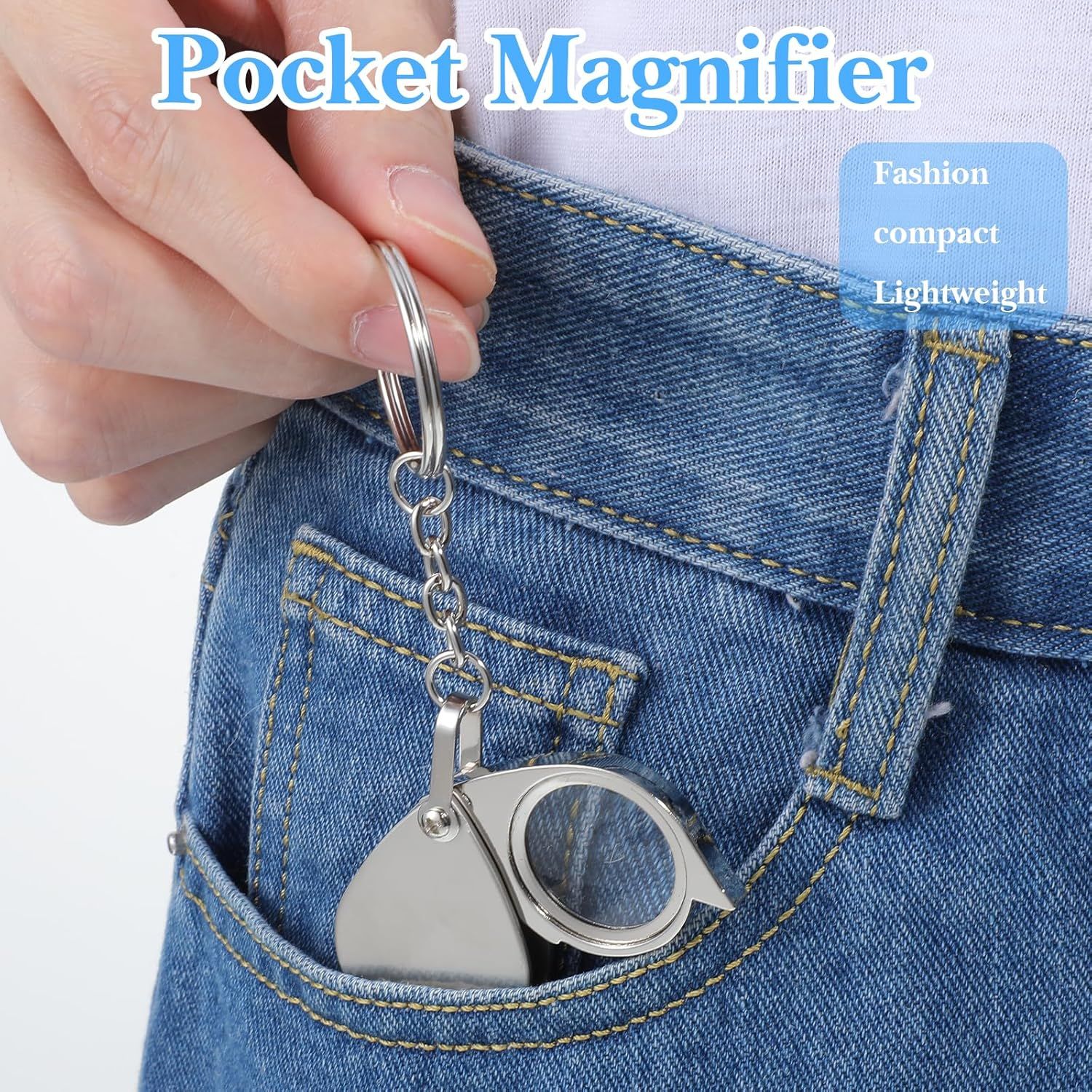 2 Pcs 10x Mini Pocket Magnifying Glass, Small Rotating Folding Jewelry Loupe, Stainless Steel Portable Pocket Magnifier with Keychain for Reading, Coin, Jewelry or Exploring (Silver, Boxed) - Image 5