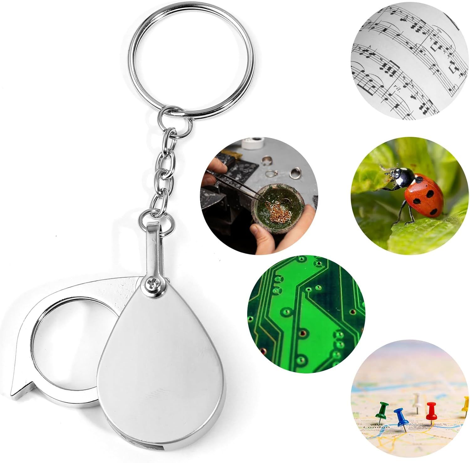 2 Pcs 10x Mini Pocket Magnifying Glass, Small Rotating Folding Jewelry Loupe, Stainless Steel Portable Pocket Magnifier with Keychain for Reading, Coin, Jewelry or Exploring (Silver, Boxed) - Image 6