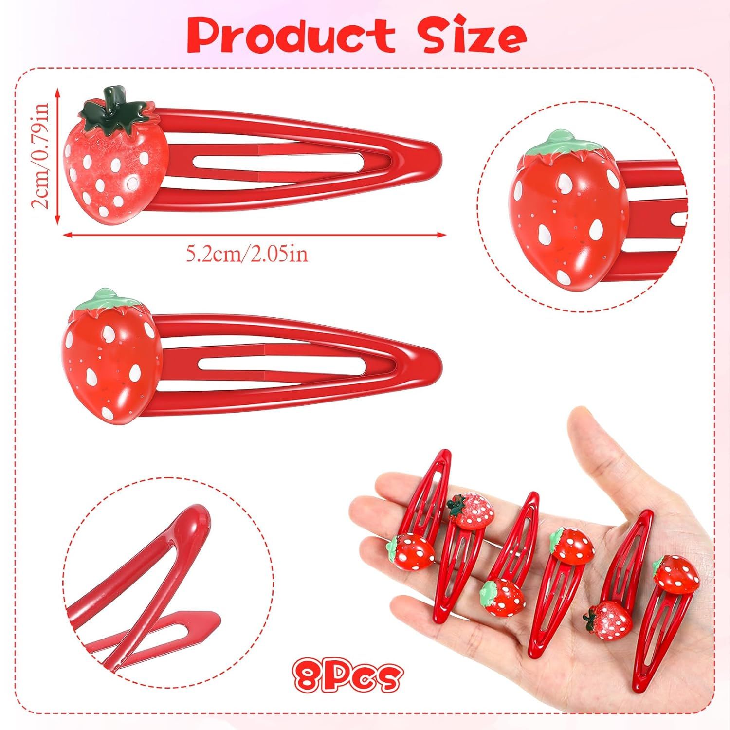 8PCS Small Strawberry Hair Clips, Metal Snap Hair Clips for Women Girls, Cute Hairs Barrettes Cute Strawberry Hairs Accessories for Girls Toddlers Kids and Teens Gifts Red - Image 2