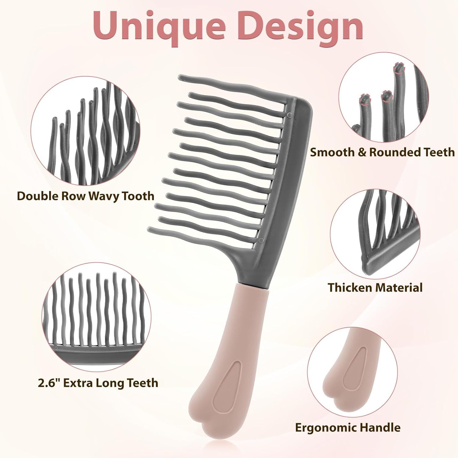 Wide Tooth Comb for Curls, Curly Hair Comb with Double Row Wavy Tooth for Curls Wavy Thick Long Wet Dry Hairs, Detangler Hairs Brush Large Teeth Shower for Women Girl (Grey) - Image 3