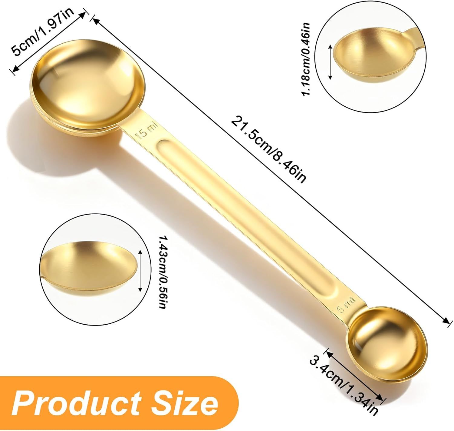 Double Sided Measuring Spoon, Long Handle Teaspoon Measuring Spoon Stainless Steel Coffee Measurings Scoop Spoons 5ml and 15ml, Dual-Measure Long-Handle Spoons for Tea Sugar Baking Precise Gold - Image 3