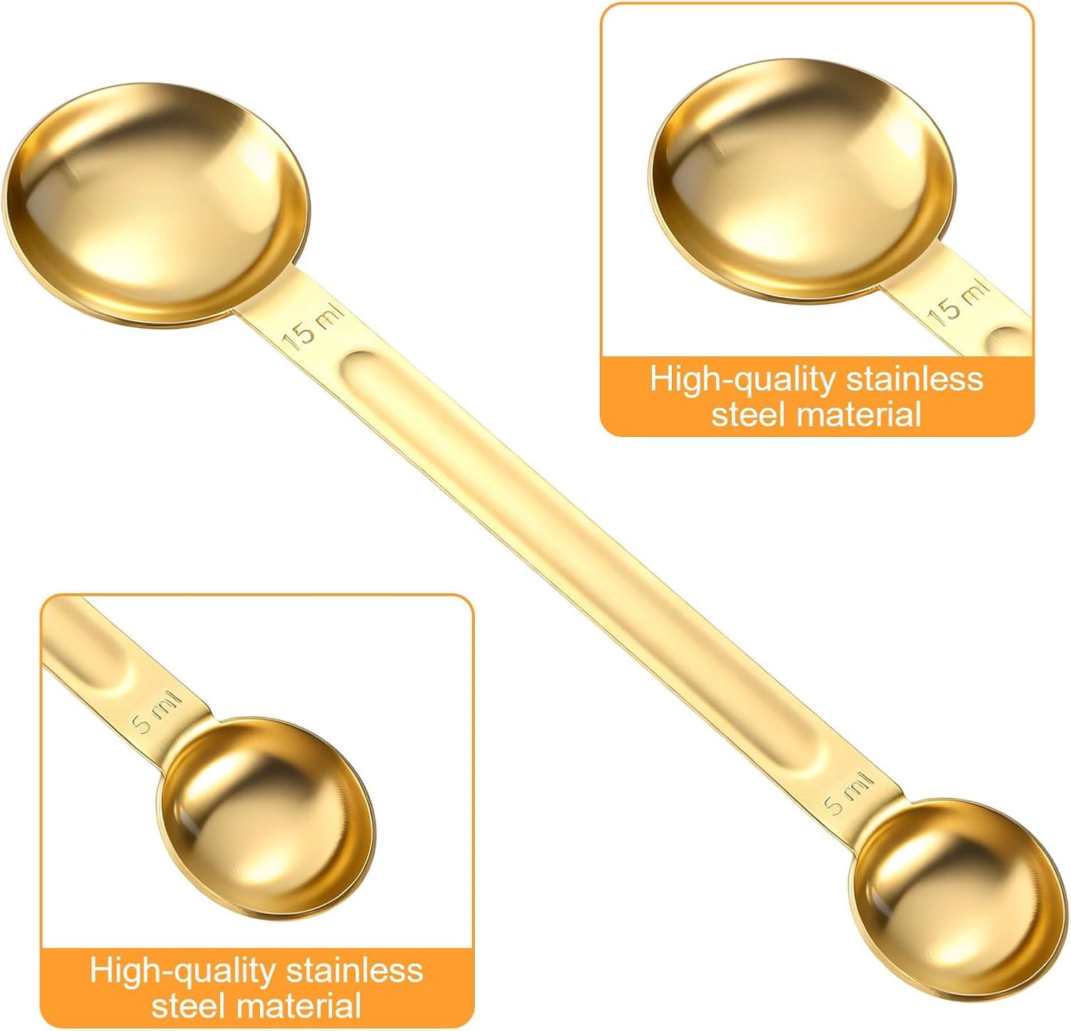 Double Sided Measuring Spoon, Long Handle Teaspoon Measuring Spoon Stainless Steel Coffee Measurings Scoop Spoons 5ml and 15ml, Dual-Measure Long-Handle Spoons for Tea Sugar Baking Precise Gold - Image 4