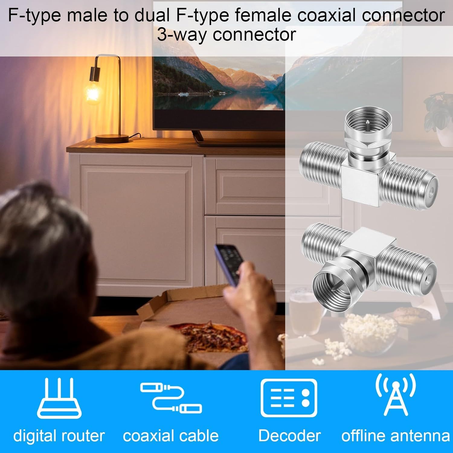 2 Pack Coaxial Cable Splitter, 2 in 1 Out TV Splitter, F Type RG6 Male to 2 Female, 3 Way Coaxial Cable Connector T Adapter for TV, Satellite, Antenna & Cable Box - Image 6