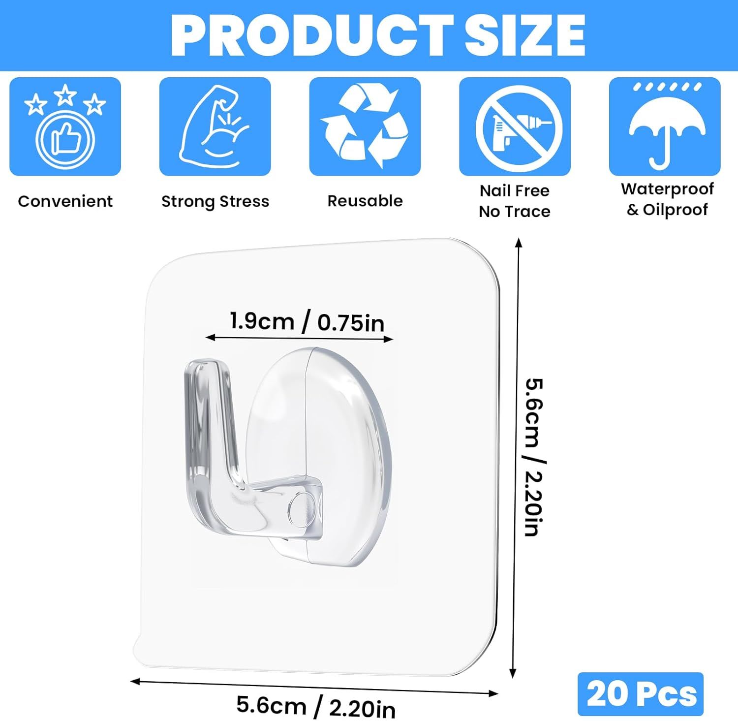 20PCS Self Adhesive Hooks for Hanging, Wall Hooks Transparent Waterproof Sticky Hook for Keys, Bathroom, Shower, Outdoor, Kitchen, Door, Home Improvement, Utility - Image 3