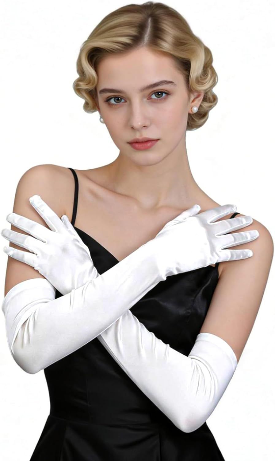 1 Pairs Women Long Gloves with Satin, White Opera Glove Elbow Length for Wedding 1920s Opera Tea Party Costumes Bridal Evening Dress up 20 Inch - Image 1