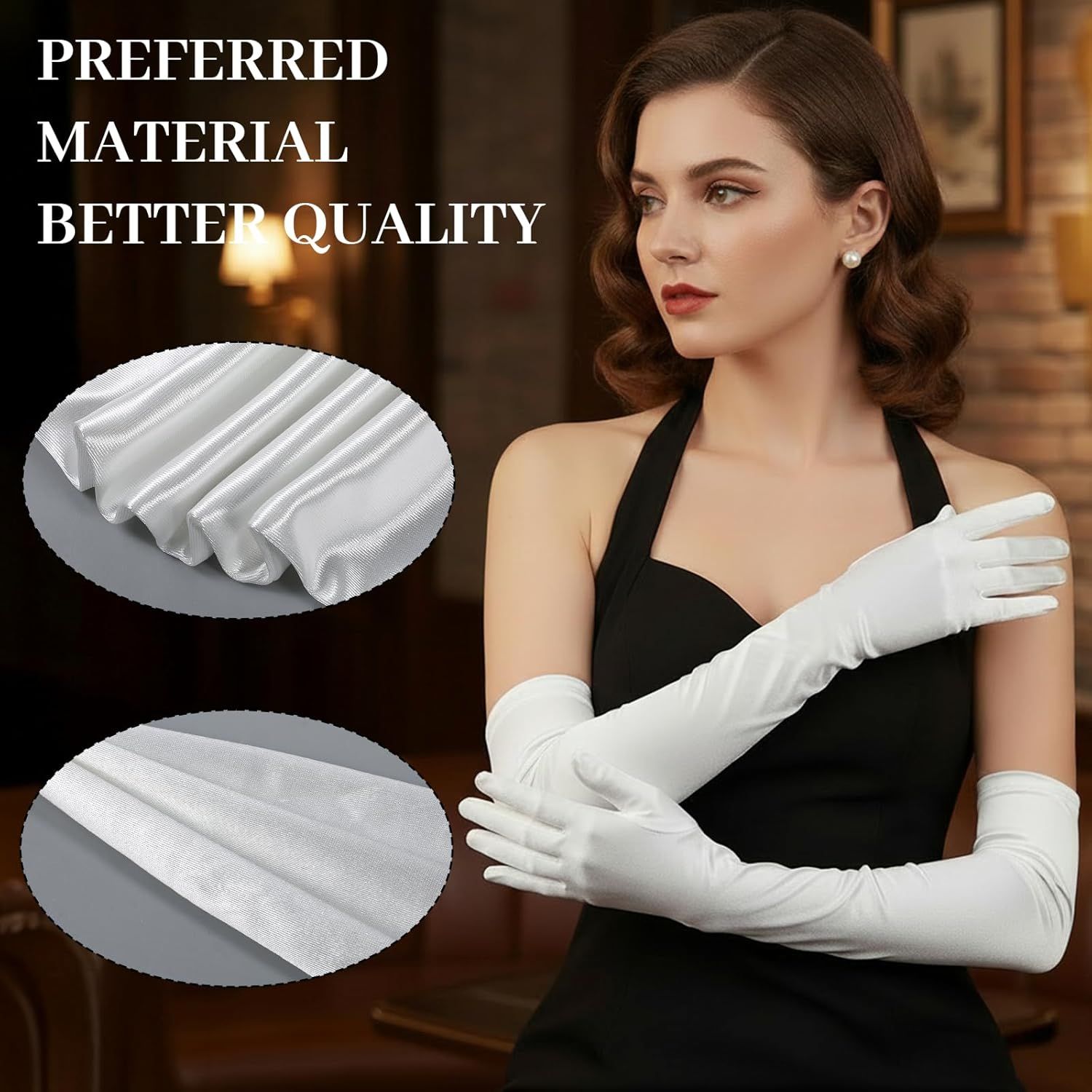 1 Pairs Women Long Gloves with Satin, White Opera Glove Elbow Length for Wedding 1920s Opera Tea Party Costumes Bridal Evening Dress up 20 Inch - Image 5