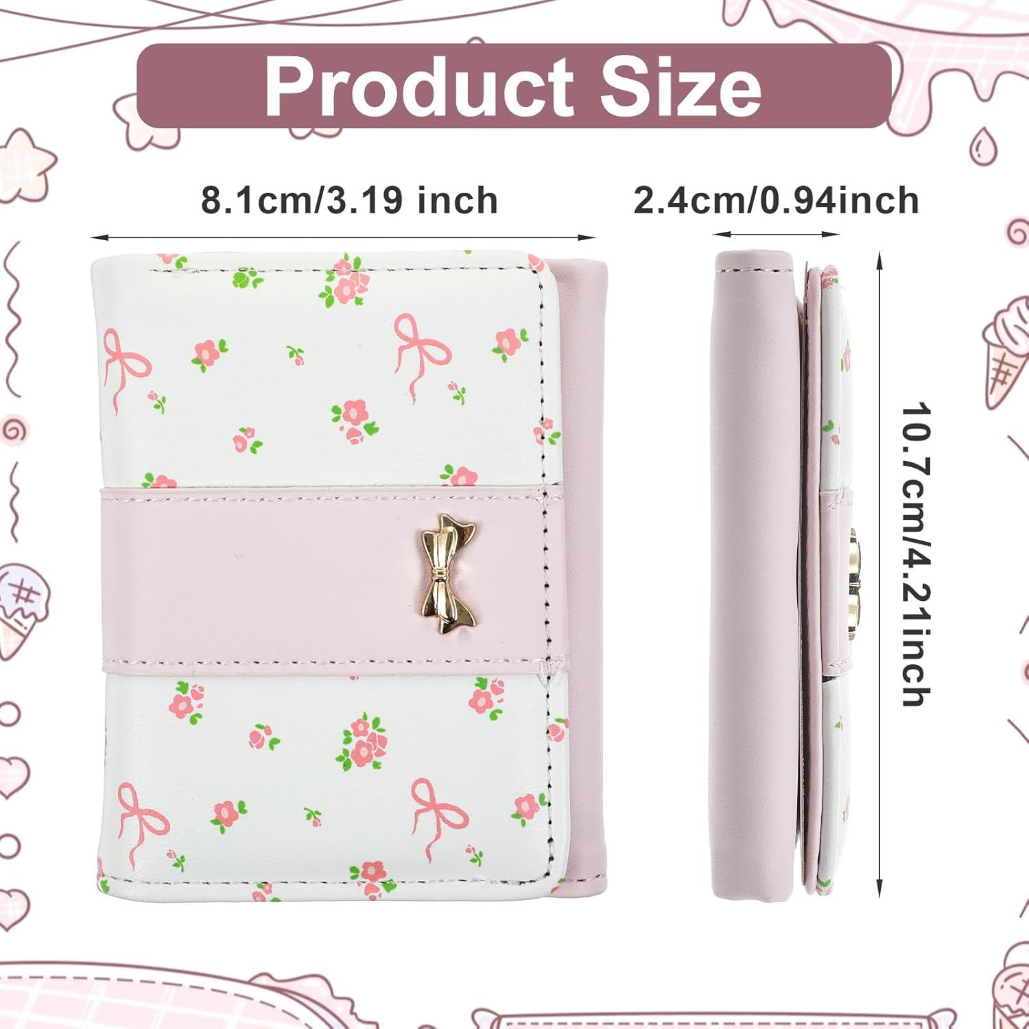 Pink Wallet for Women Floral Coquette Small Bow Wallet Cute Bifold Zipper Purse Aesthetic Credit Card Holder Purse Mini Kawaii Coin Purse with ID Window - Image 2