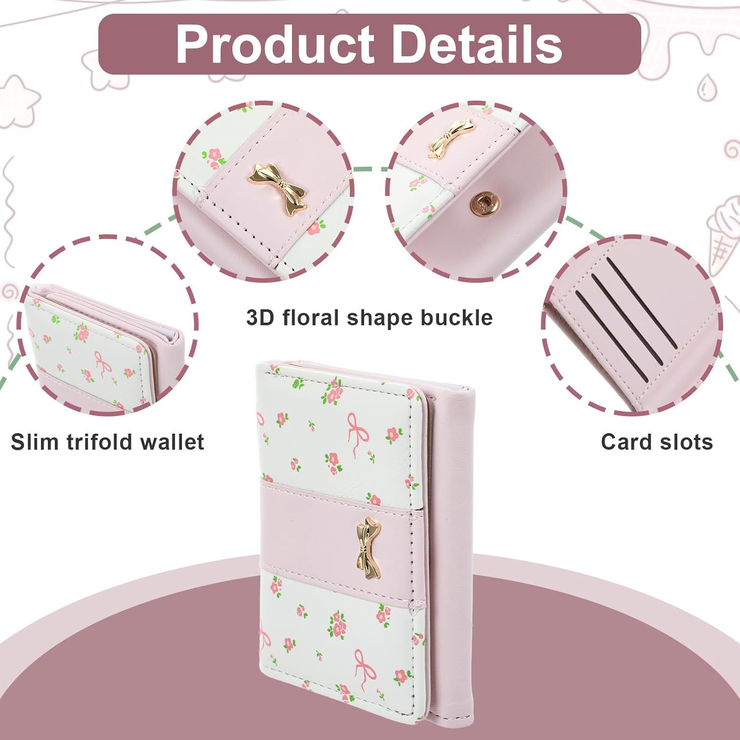 Pink Wallet for Women Floral Coquette Small Bow Wallet Cute Bifold Zipper Purse Aesthetic Credit Card Holder Purse Mini Kawaii Coin Purse with ID Window - Image 3