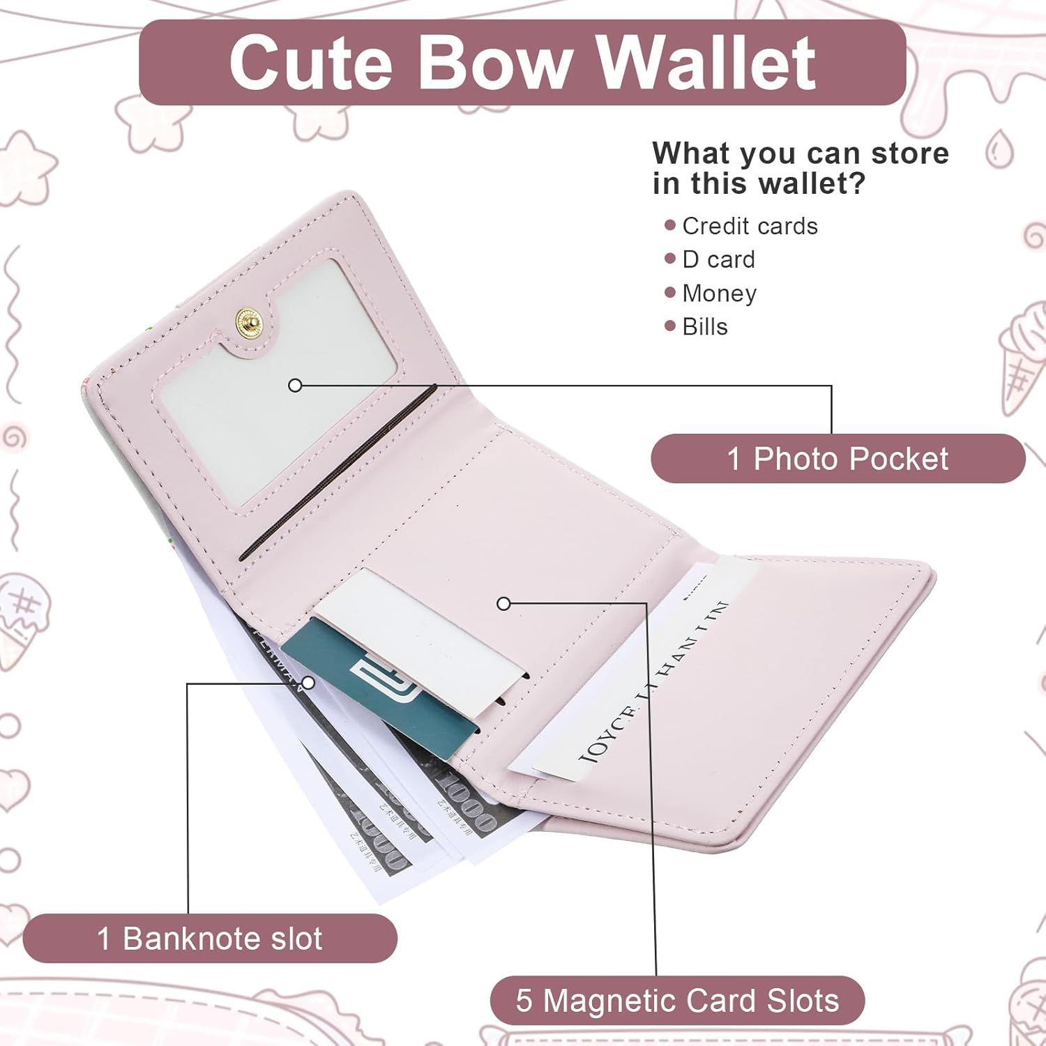 Pink Wallet for Women Floral Coquette Small Bow Wallet Cute Bifold Zipper Purse Aesthetic Credit Card Holder Purse Mini Kawaii Coin Purse with ID Window - Image 4