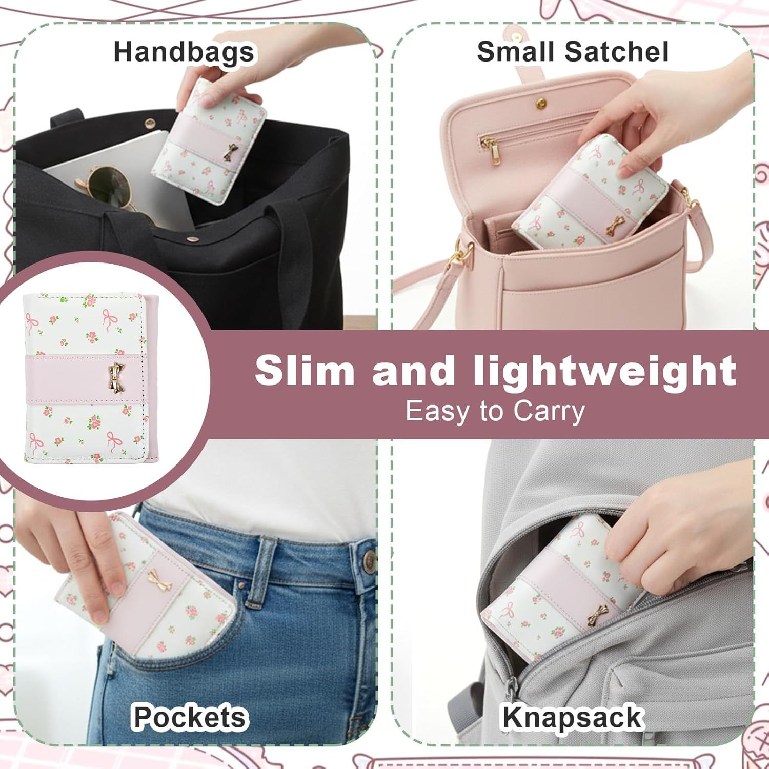 Pink Wallet for Women Floral Coquette Small Bow Wallet Cute Bifold Zipper Purse Aesthetic Credit Card Holder Purse Mini Kawaii Coin Purse with ID Window - Image 6