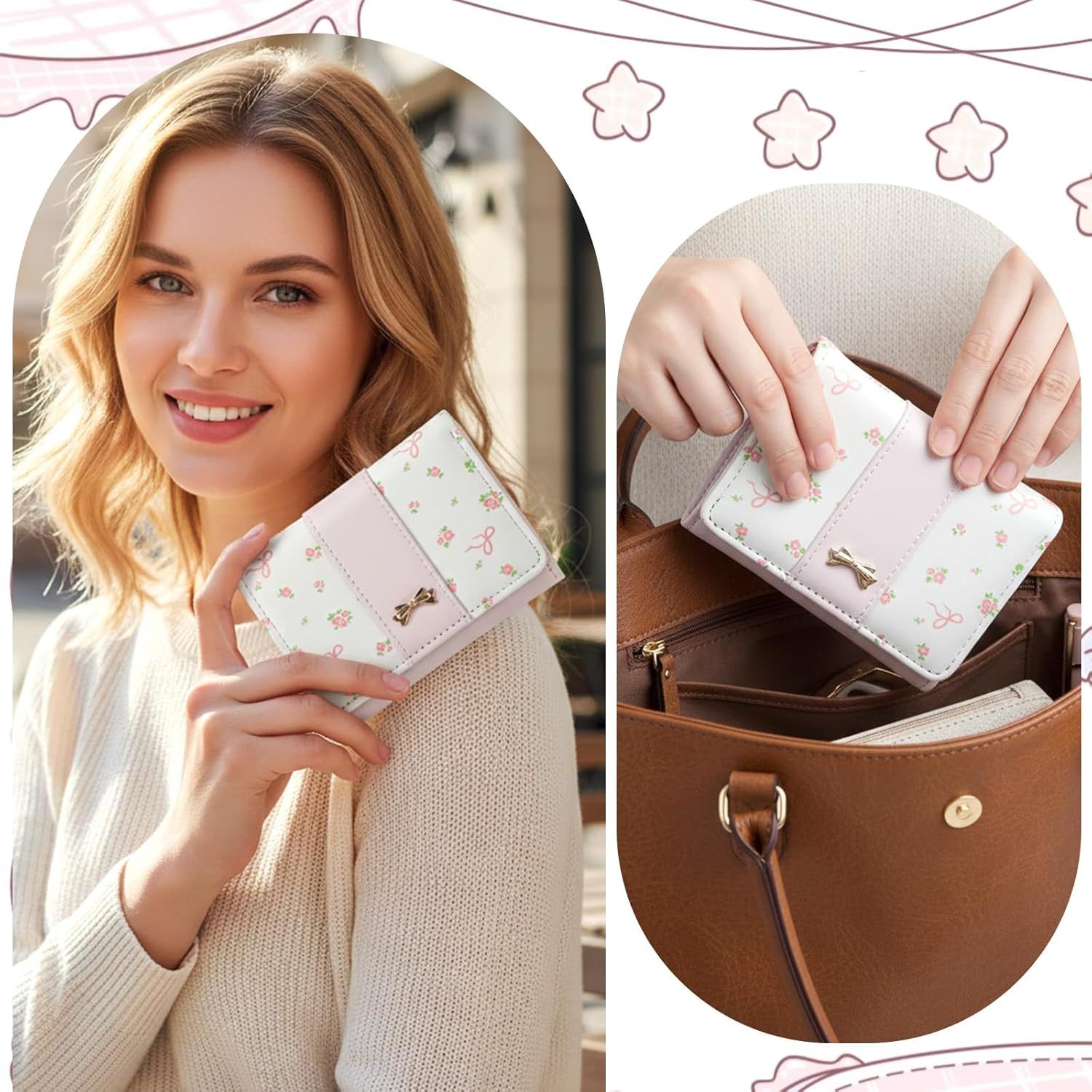 Pink Wallet for Women Floral Coquette Small Bow Wallet Cute Bifold Zipper Purse Aesthetic Credit Card Holder Purse Mini Kawaii Coin Purse with ID Window - Image 7
