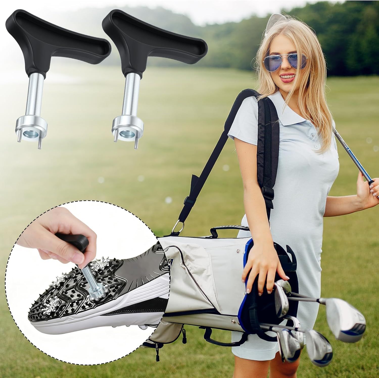 2 Pcs Golf Spike Removal Tool, Stainless Steel Golf Shoe Spikes Wrench, Multifunction Golf Wrench, Adjustment Cleat Key Remover for Spike Shoes (Universal, Black) - Image 4