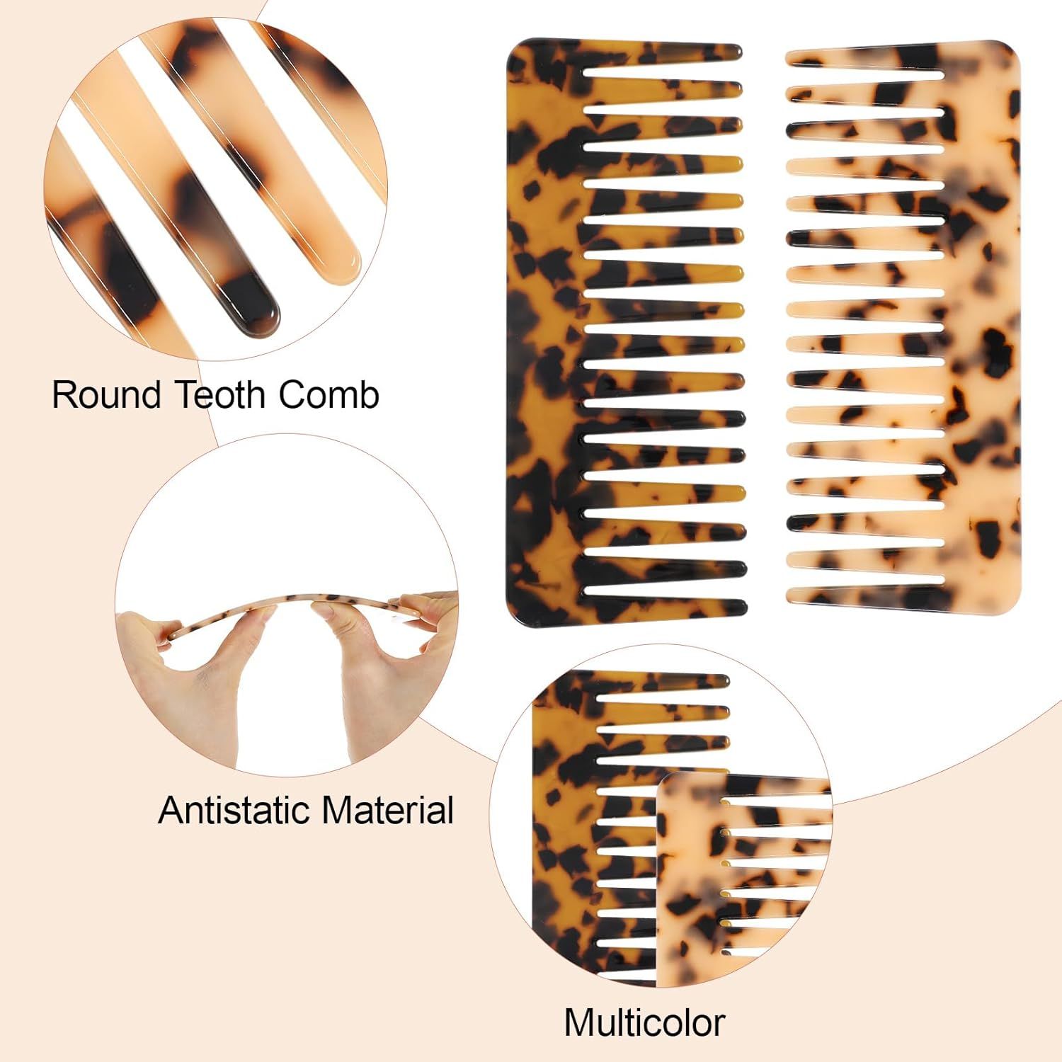 2PCS Large Wide Tooth Combs for Curls, Tortoise Shell Comb, Large Detangling Comb Cellulose Detangler Combs for Women Thick Curly Wavy Wet Dry Hair (Tortoise Shell, Ivory) - Image 3