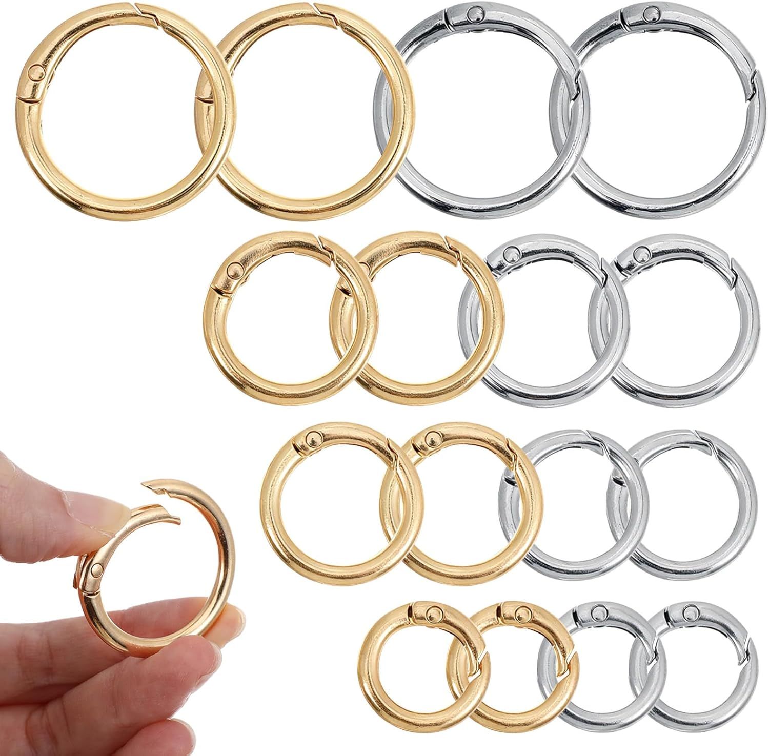 16 Pcs Spring O Ring Clips, Metal Key Ring Clips, Round Carabiner Clip, Small Keychain Clip for Keys, Buckle, Handbag, Bag Purse, Mini Keyring, Replacement Paracord Keychain (Gold, Silver) - Image 1