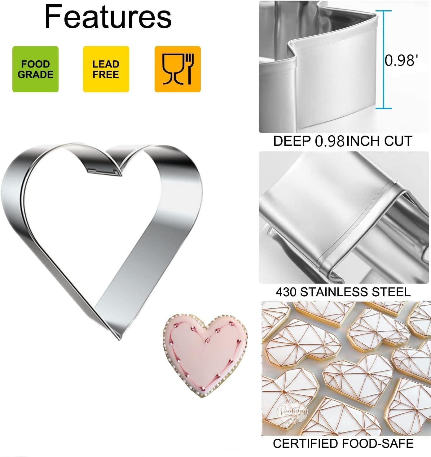 5 Pieces Heart Cookie Cutter Set - Valentine's Day Heart Shapes Stainless Steel Cutters Molds for Anniversary, Bridal, Engagement and Wedding, Baking Gifts - Image 2