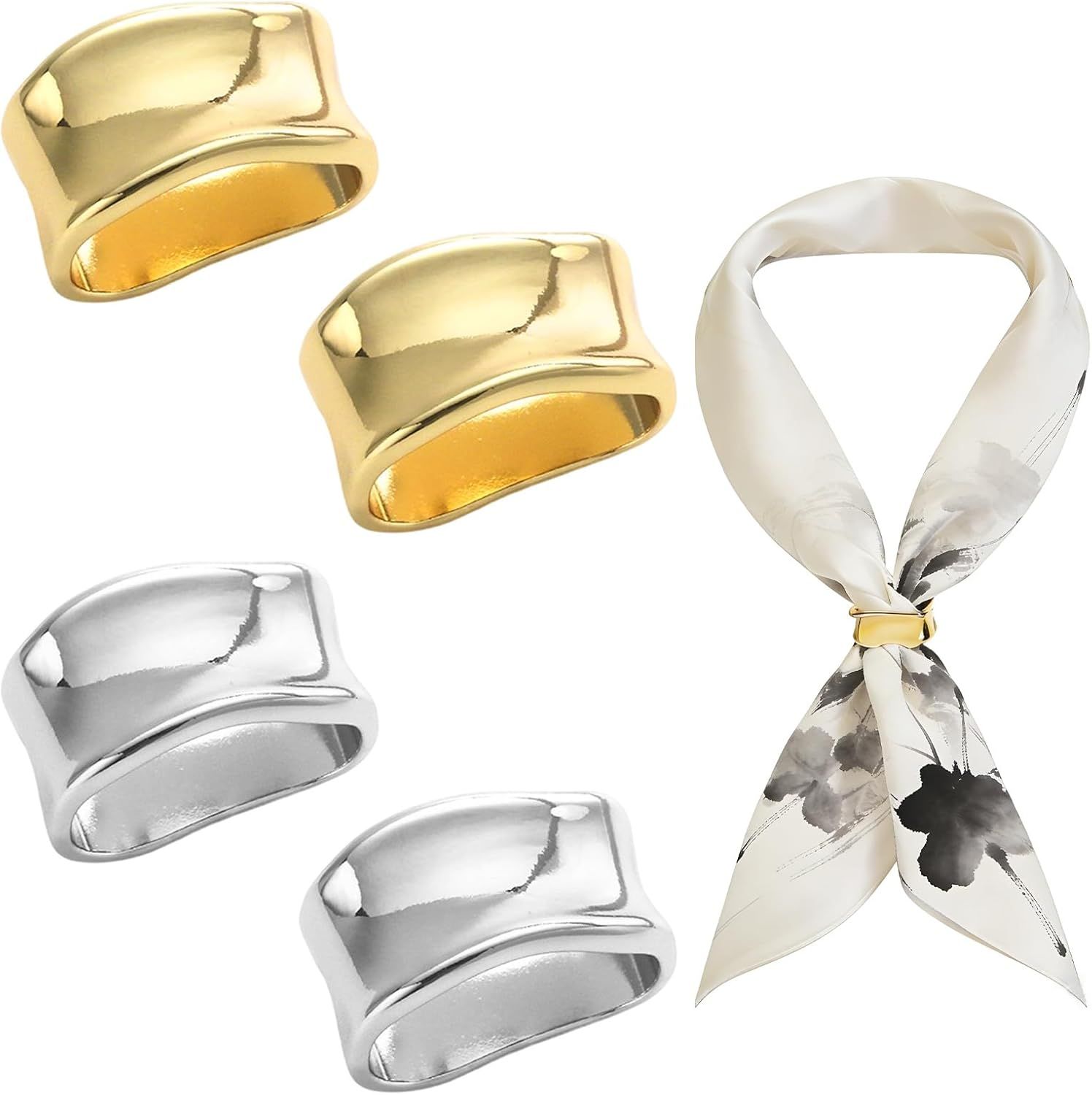 4 PCS Metal Scarf Clip Fashion Silk Scarves Clip Oblate Shawl Slide Buckle Minimalist Geometric Wrap Holder Clamp Grace Shawls Rings Brooches Clothing Accessory for Women Girls（Gold & Silver） - Image 1