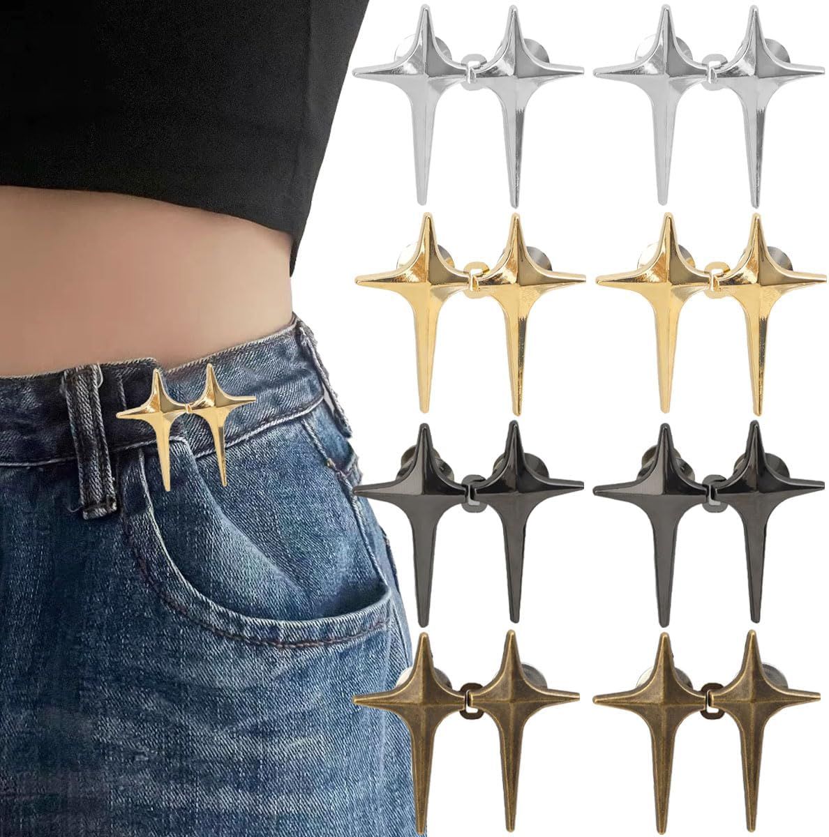 8 Sets Adjustable Star Button Pant Waist Tightener, Adjustable Waist Buckle Sets No Sew and No Tools Detachable Decorative Waist Buckles, Jean Buttons Pins for Loose Jeans, Pants, Skirts, Sleeves - Image 1