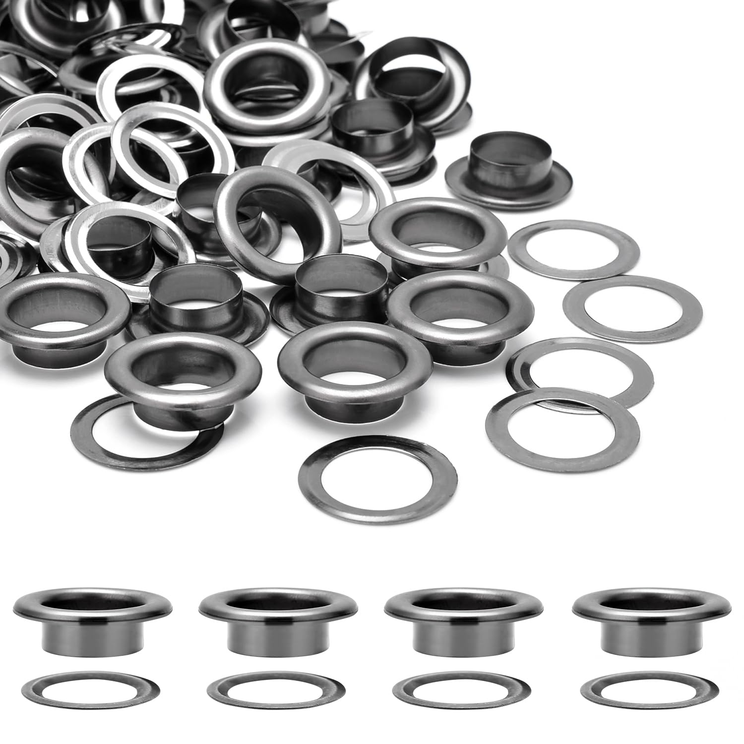 100Sets 1/2 Inch Eyelets and Grommets, Metal Eyelets Grommet Kit with Washers Backing Eyele for Fabric Clothing Tarps Leather Bag Shoes Curtains Hats Tents Repair and Decoration (Black) - Image 1