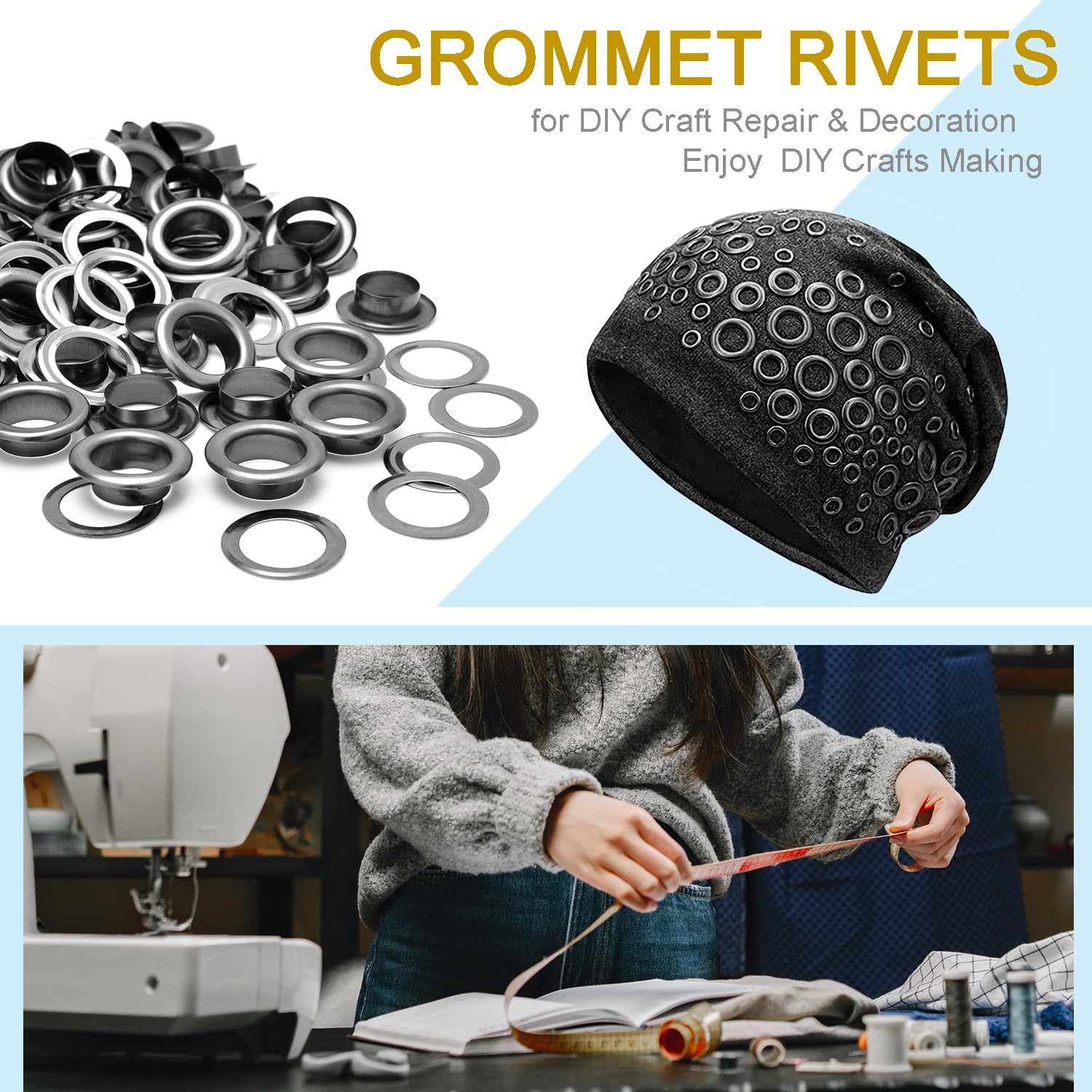 100Sets 1/2 Inch Eyelets and Grommets, Metal Eyelets Grommet Kit with Washers Backing Eyele for Fabric Clothing Tarps Leather Bag Shoes Curtains Hats Tents Repair and Decoration (Black) - Image 5