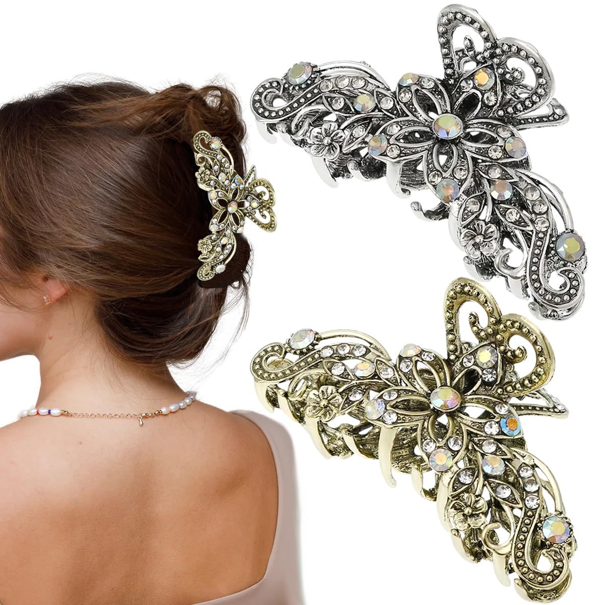 2 PCS Vintage Hair Claw Clips Rhinestone Clip Shiny Rhinestone Hollow Flower Claw Clip Metal Antique Silver Plated Hair Clips Retro Flower Non Slip Hair Jaw Clips for Women Girls - Image 1