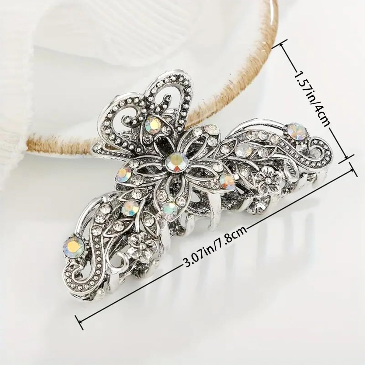 2 PCS Vintage Hair Claw Clips Rhinestone Clip Shiny Rhinestone Hollow Flower Claw Clip Metal Antique Silver Plated Hair Clips Retro Flower Non Slip Hair Jaw Clips for Women Girls - Image 2