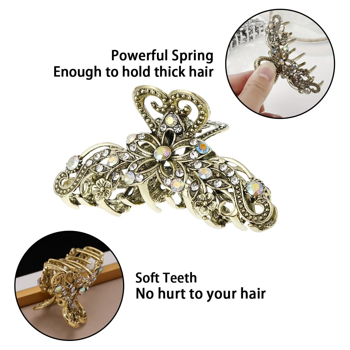 2 PCS Vintage Hair Claw Clips Rhinestone Clip Shiny Rhinestone Hollow Flower Claw Clip Metal Antique Silver Plated Hair Clips Retro Flower Non Slip Hair Jaw Clips for Women Girls - Image 3