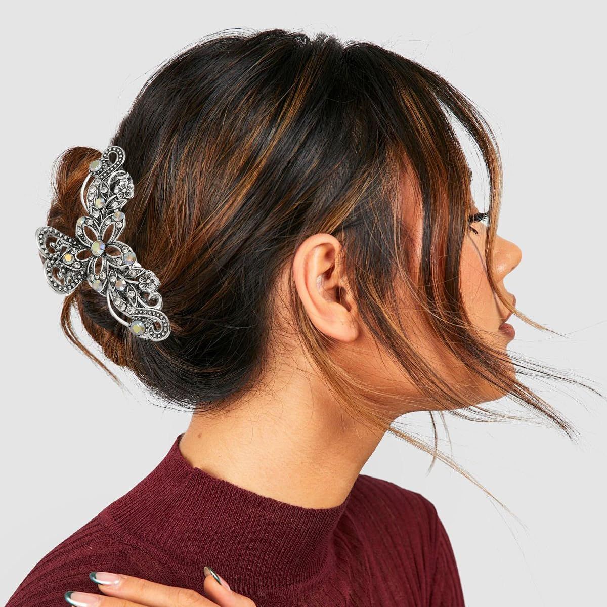 2 PCS Vintage Hair Claw Clips Rhinestone Clip Shiny Rhinestone Hollow Flower Claw Clip Metal Antique Silver Plated Hair Clips Retro Flower Non Slip Hair Jaw Clips for Women Girls - Image 4
