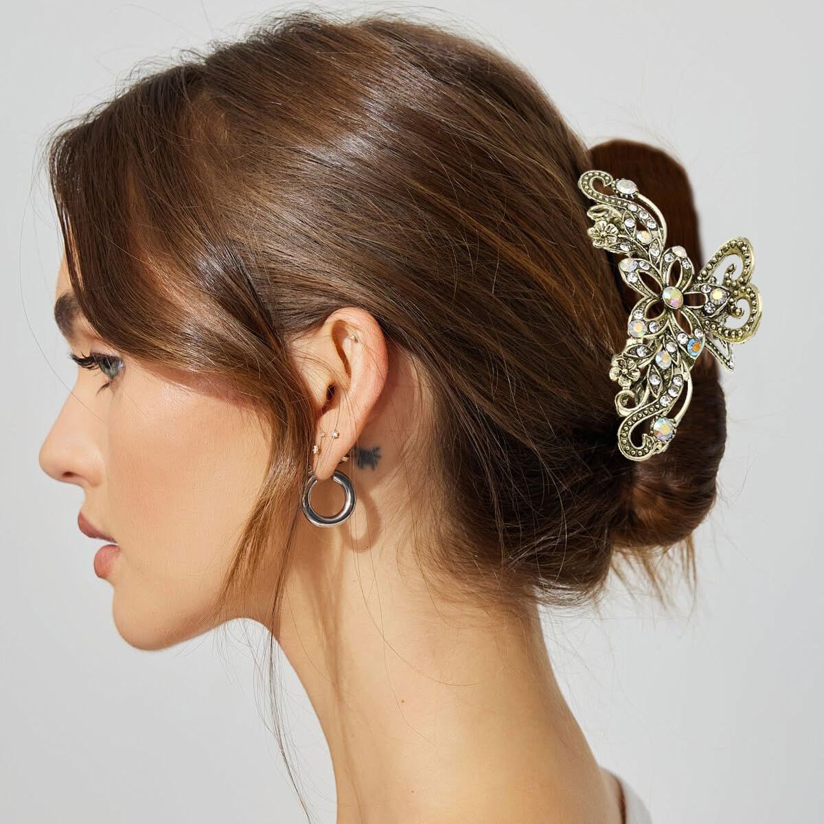 2 PCS Vintage Hair Claw Clips Rhinestone Clip Shiny Rhinestone Hollow Flower Claw Clip Metal Antique Silver Plated Hair Clips Retro Flower Non Slip Hair Jaw Clips for Women Girls - Image 5