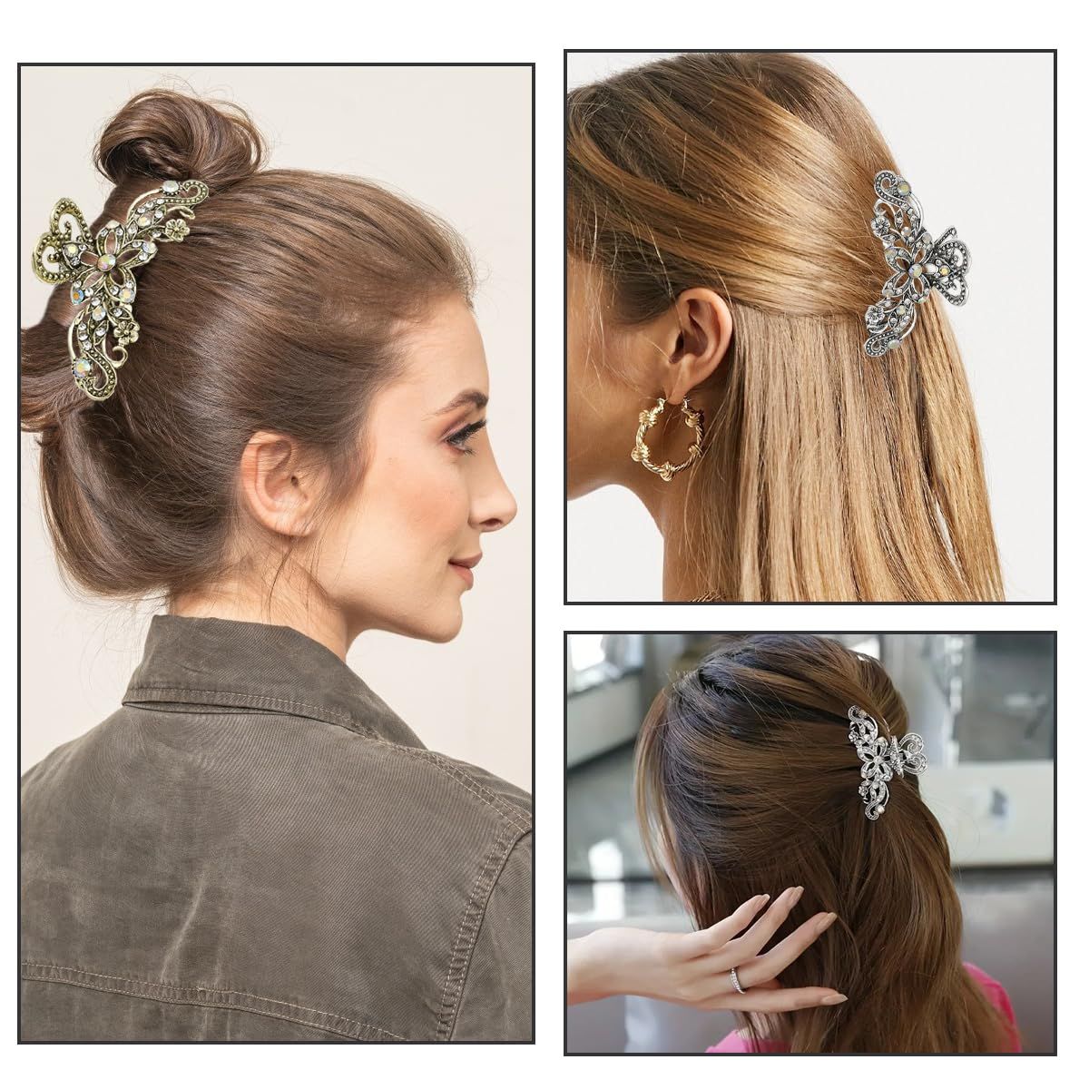 2 PCS Vintage Hair Claw Clips Rhinestone Clip Shiny Rhinestone Hollow Flower Claw Clip Metal Antique Silver Plated Hair Clips Retro Flower Non Slip Hair Jaw Clips for Women Girls - Image 7