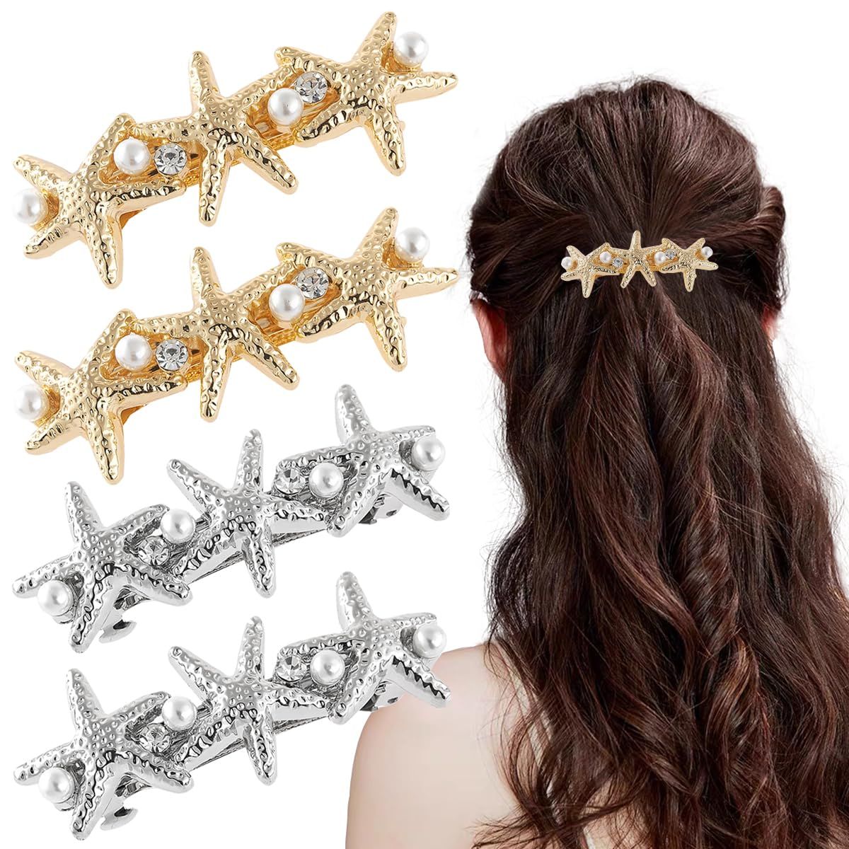 4 PCS Starfish Hair Barrettes for Women Girls Hair Clips Pearl Spring Hair Clip Accessories Women Fashion Ponytail Holders French Barrettes for Thick Hair Clips for Long Hair for Daily Use - Image 1