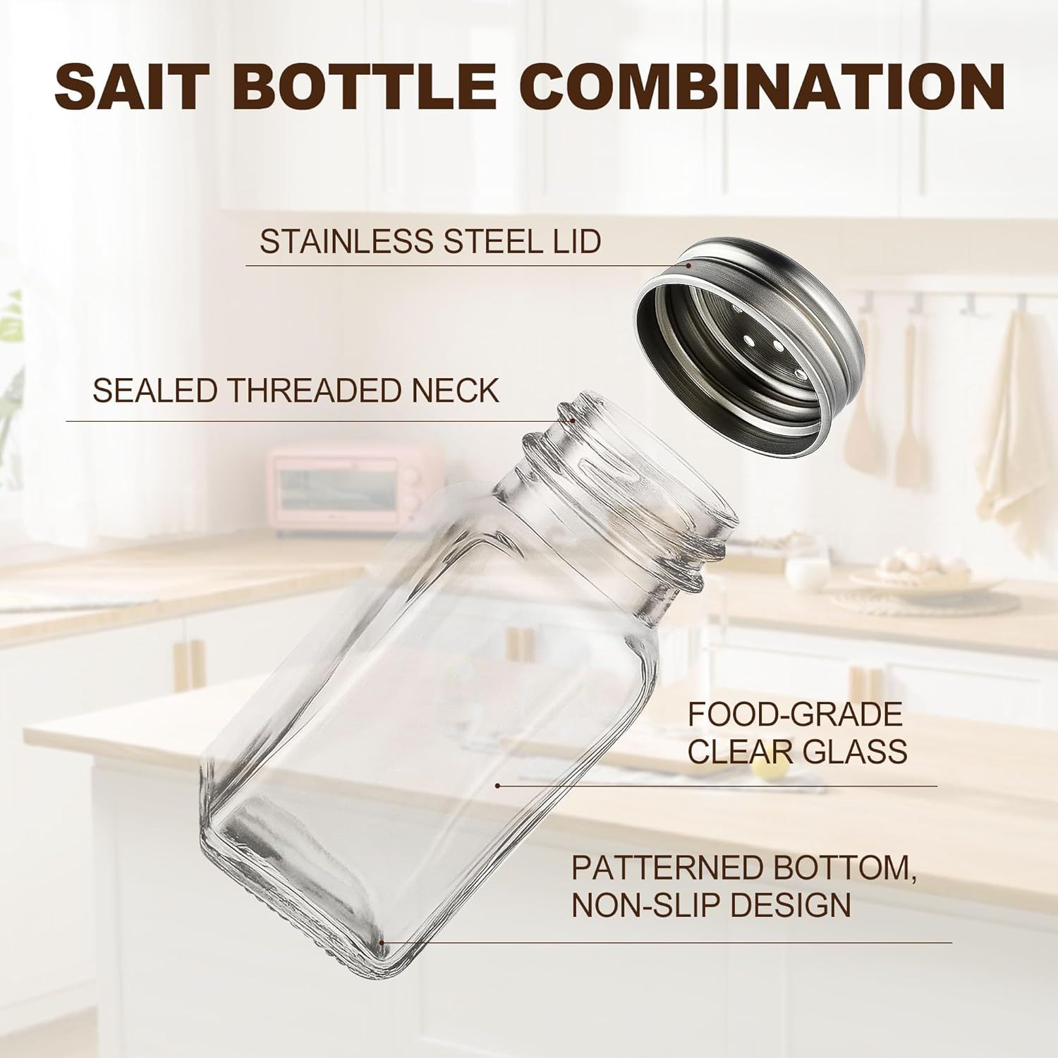 Salt and Pepper Shakers Set, Salt Shaker 2 Pcs,High Transparency Glass Stainless Steel Kitchen Tools Home Essential - Image 3