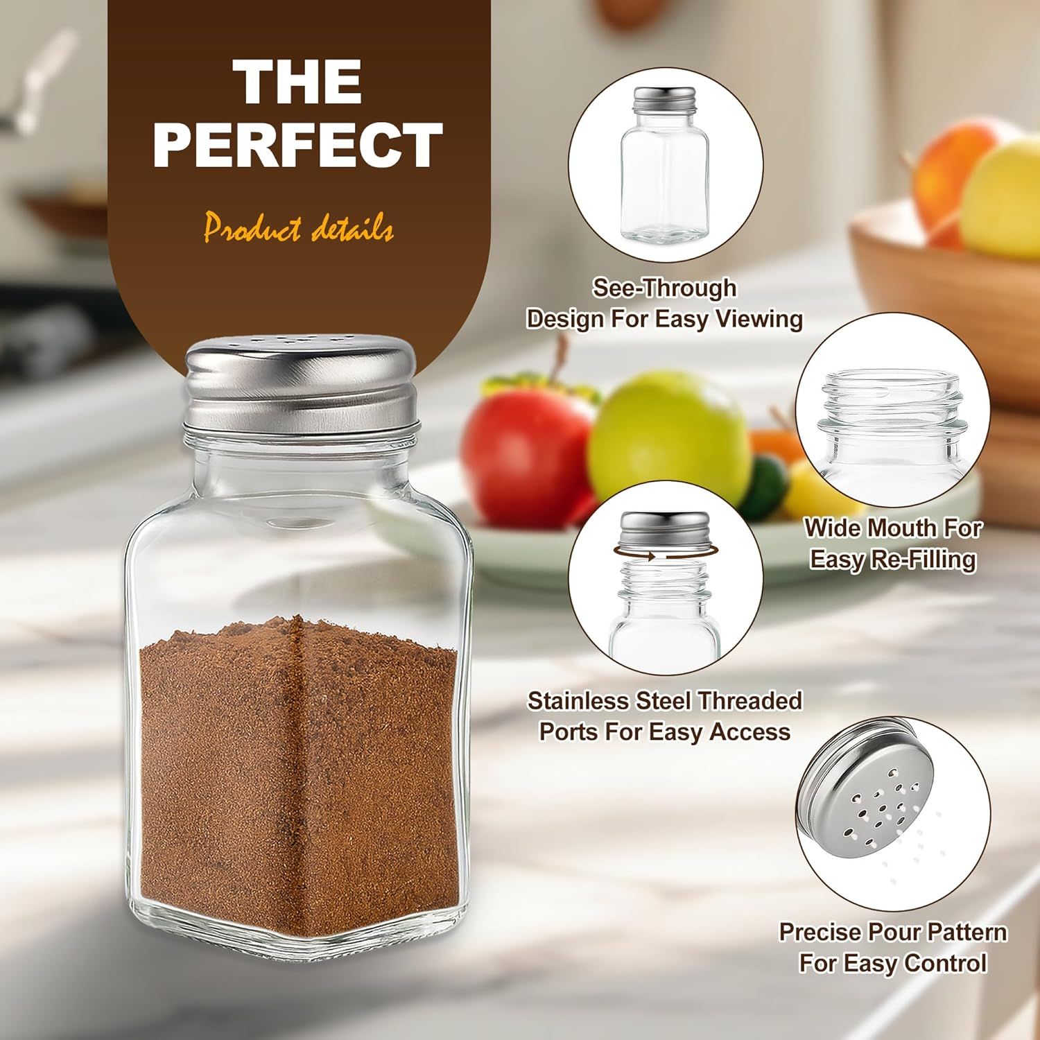 Salt and Pepper Shakers Set, Salt Shaker 2 Pcs,High Transparency Glass Stainless Steel Kitchen Tools Home Essential - Image 4
