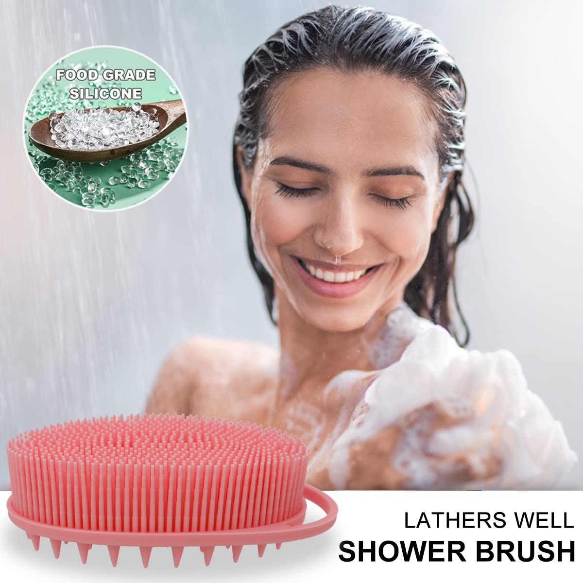 Upgrade 2 in 1 Bath and Shampoo Body Brush, Silicone Exfoliating Body Scrubber for Use in Shower, Premium Silicone Loofah, Head Scrubber, Scalp Massager, Easy to Clean (1PC Pink) - Image 2
