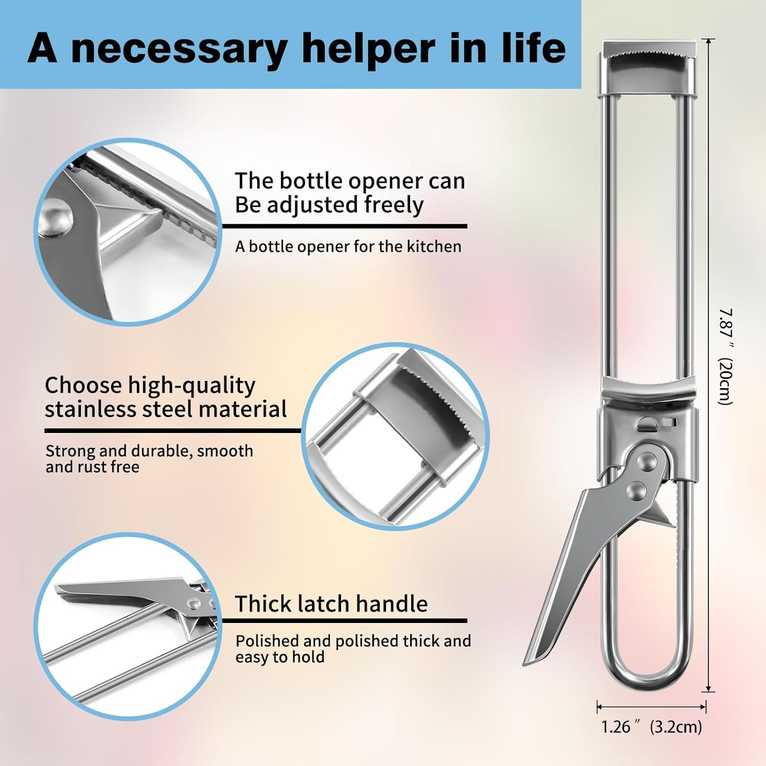 Bottle Opener & Jar Opener for Weak Hands, Adjustable Stainless Steel Can Opener, Multifunctional Jar Lid Opener Gripper for Seniors with Arthritis - Image 3