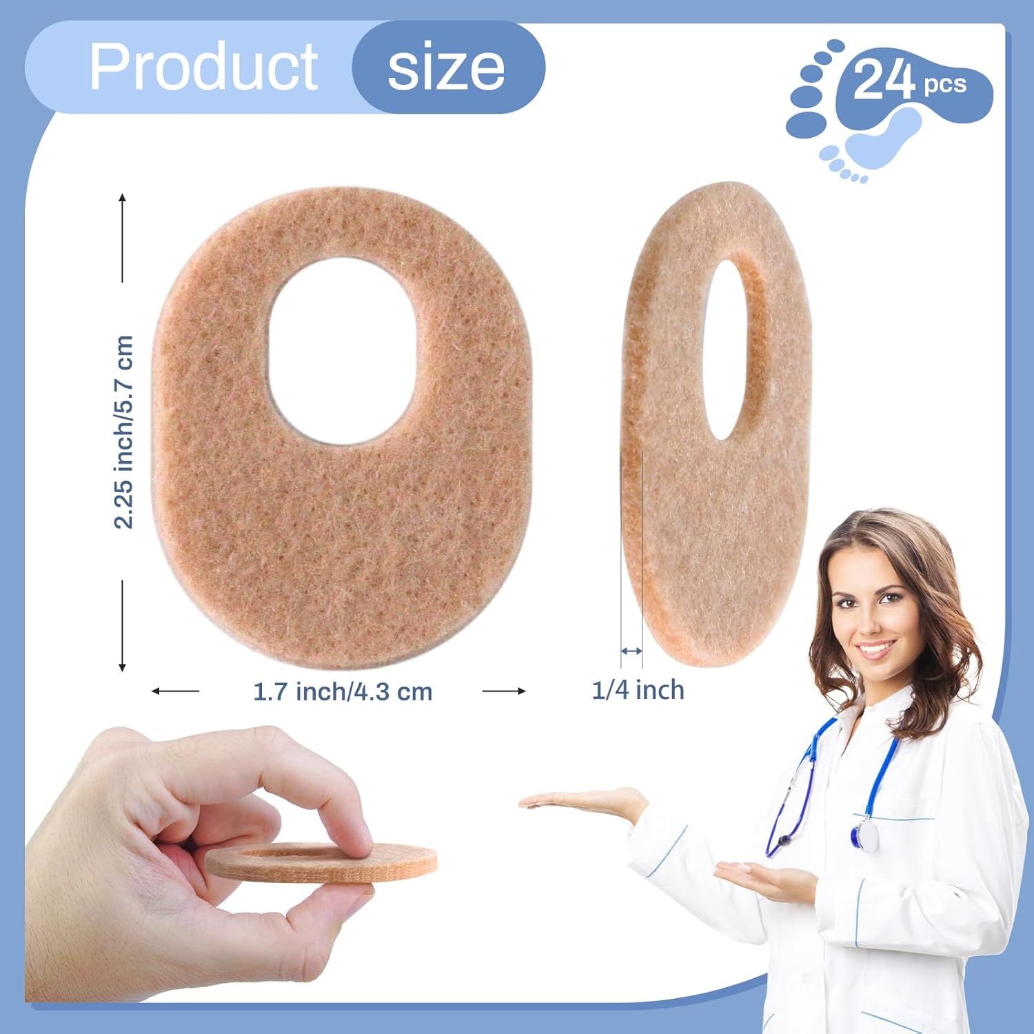 24Pcs Callus Pads，Soft Felt Callus Oval Shape Cushion Pads for Toes and Feet, Reduce Pain, Pressure and Friction from Shoes - Image 2