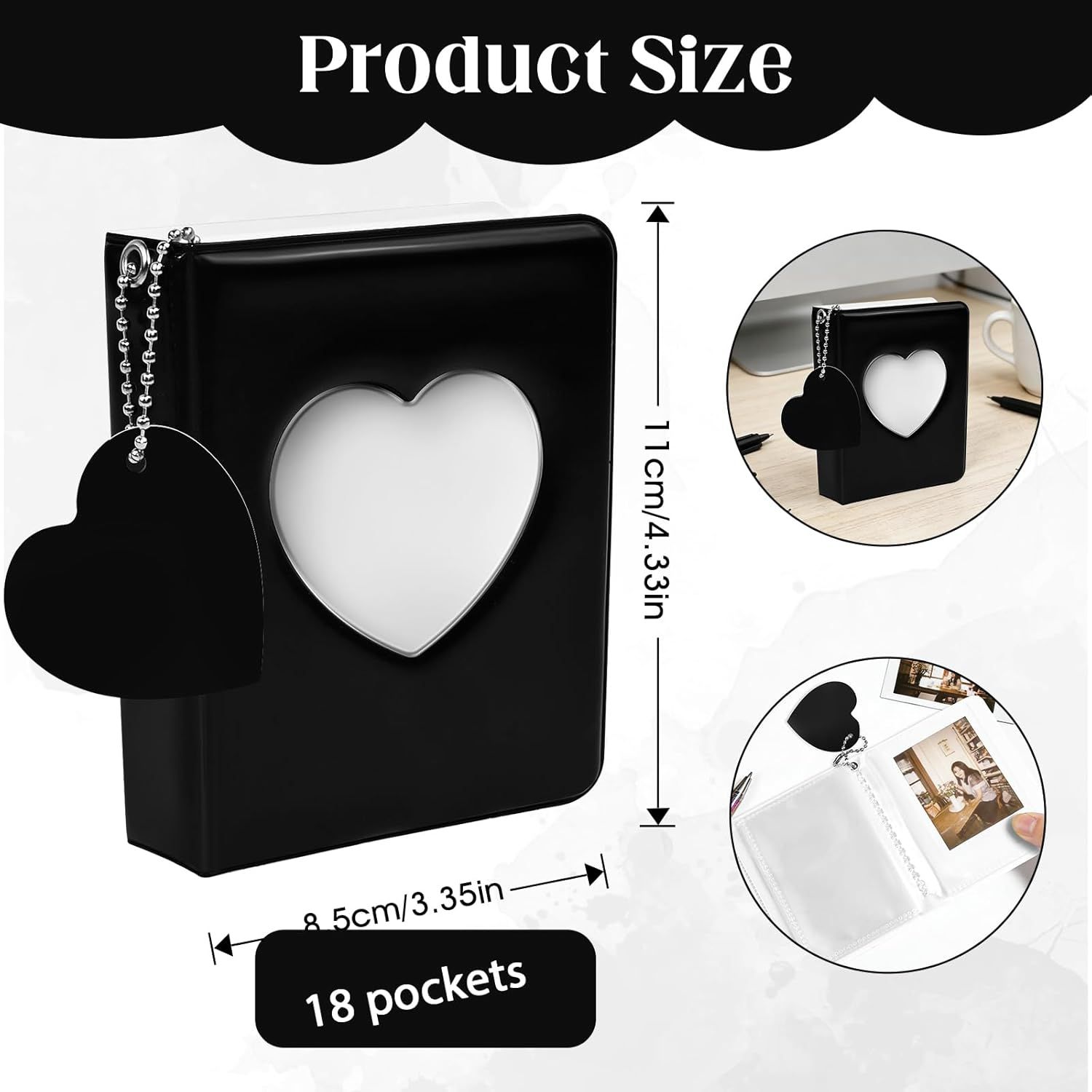 Mini Photo Album,3 Inch Photocard Book Heart Hollow Cover Photocard Binder 36 Pockets for Collect and Protect Photos (Black) - Image 3
