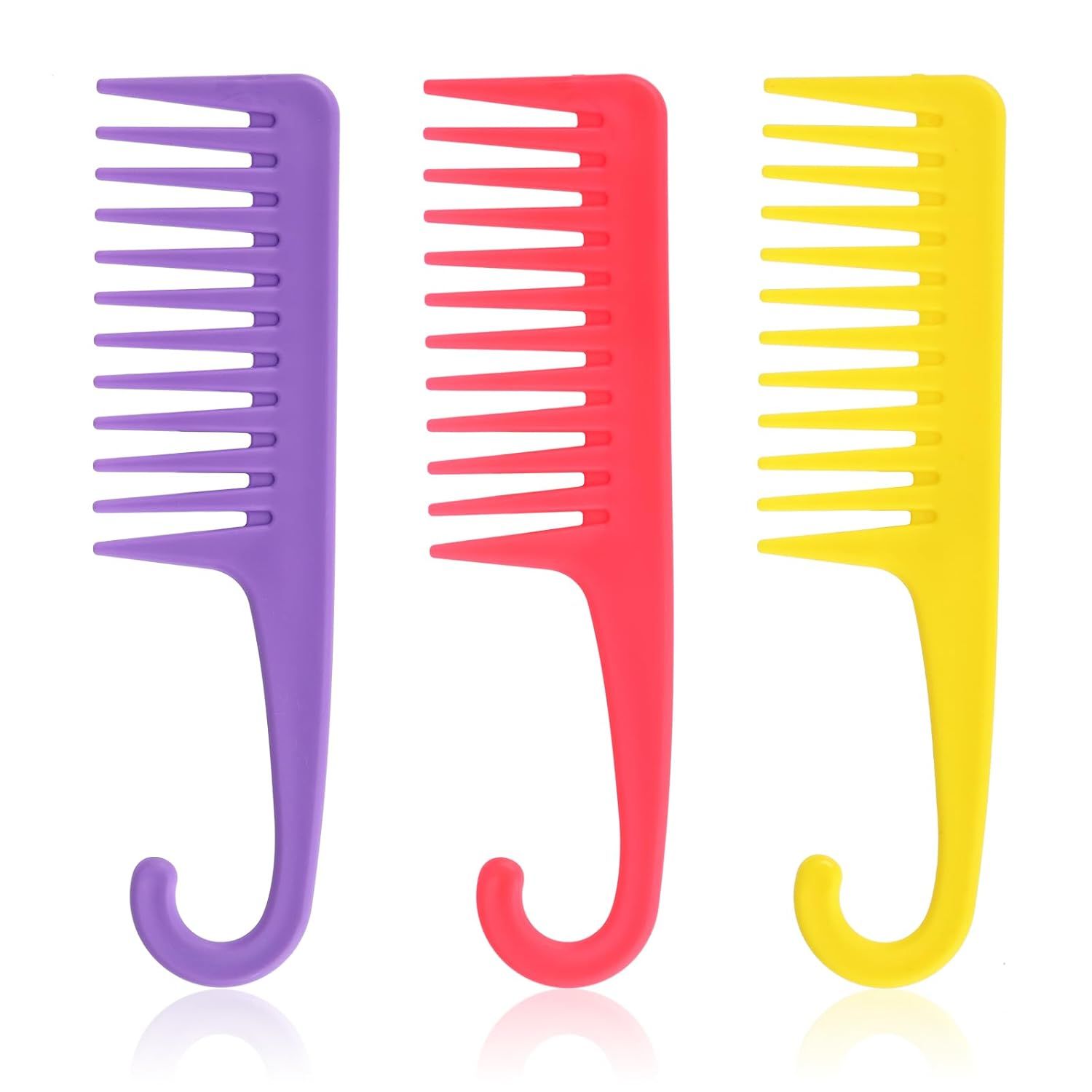 3PCS Wide Tooth Hair Combs with Hook, Large Detangling Shower Combs Set for Wet or Dry Hair, Conditioner Combs for Curly, Thick & Long Hair (Purple/Rose Red/Yellow) - Image 1