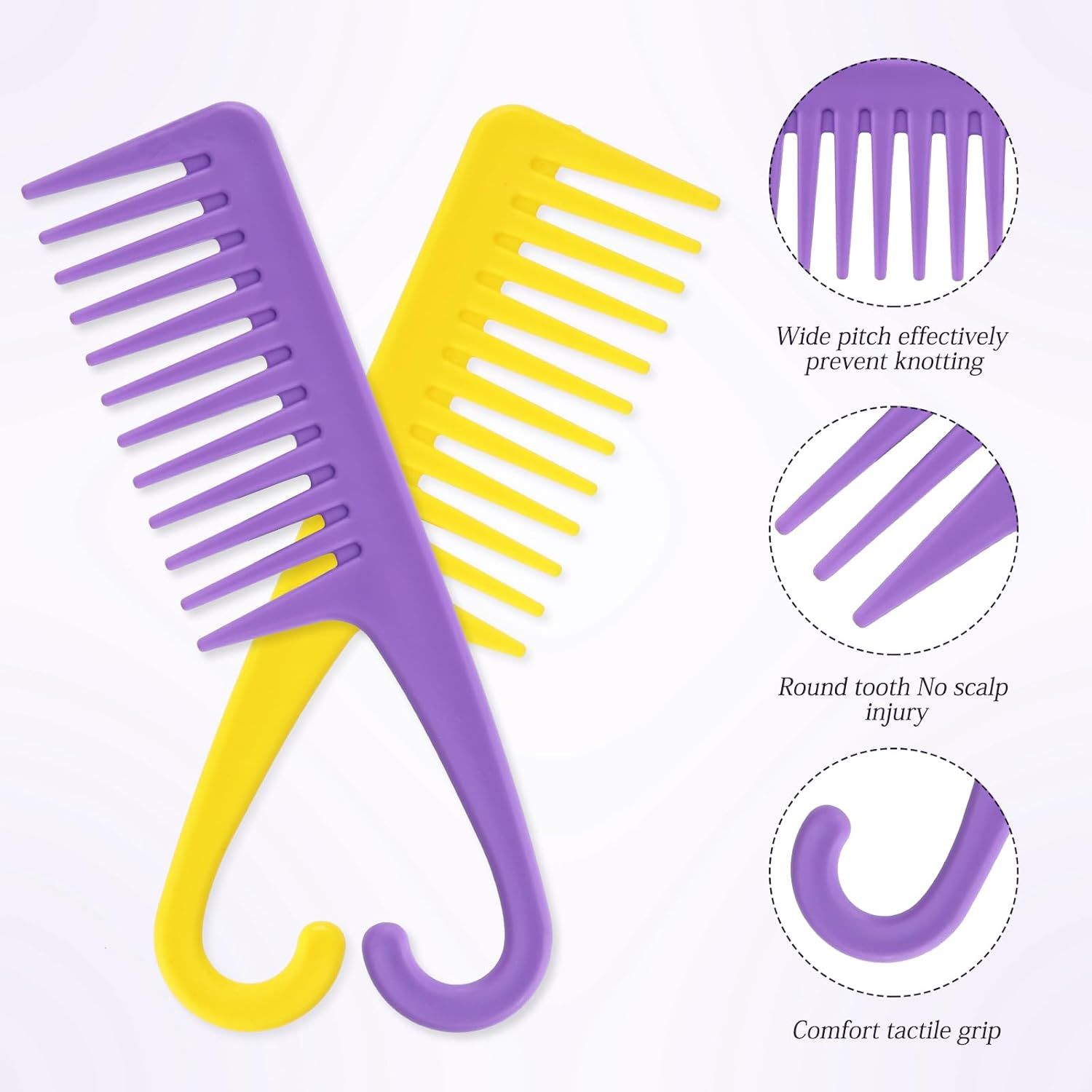 3PCS Wide Tooth Hair Combs with Hook, Large Detangling Shower Combs Set for Wet or Dry Hair, Conditioner Combs for Curly, Thick & Long Hair (Purple/Rose Red/Yellow) - Image 3