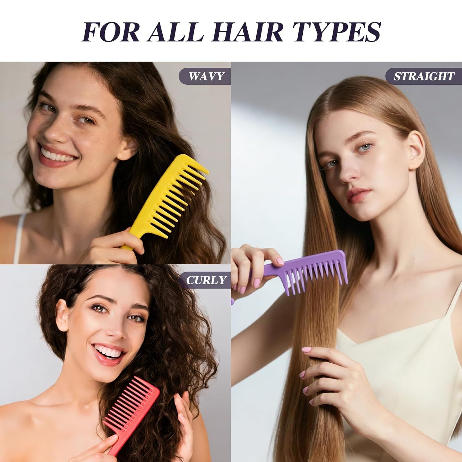 3PCS Wide Tooth Hair Combs with Hook, Large Detangling Shower Combs Set for Wet or Dry Hair, Conditioner Combs for Curly, Thick & Long Hair (Purple/Rose Red/Yellow) - Image 4