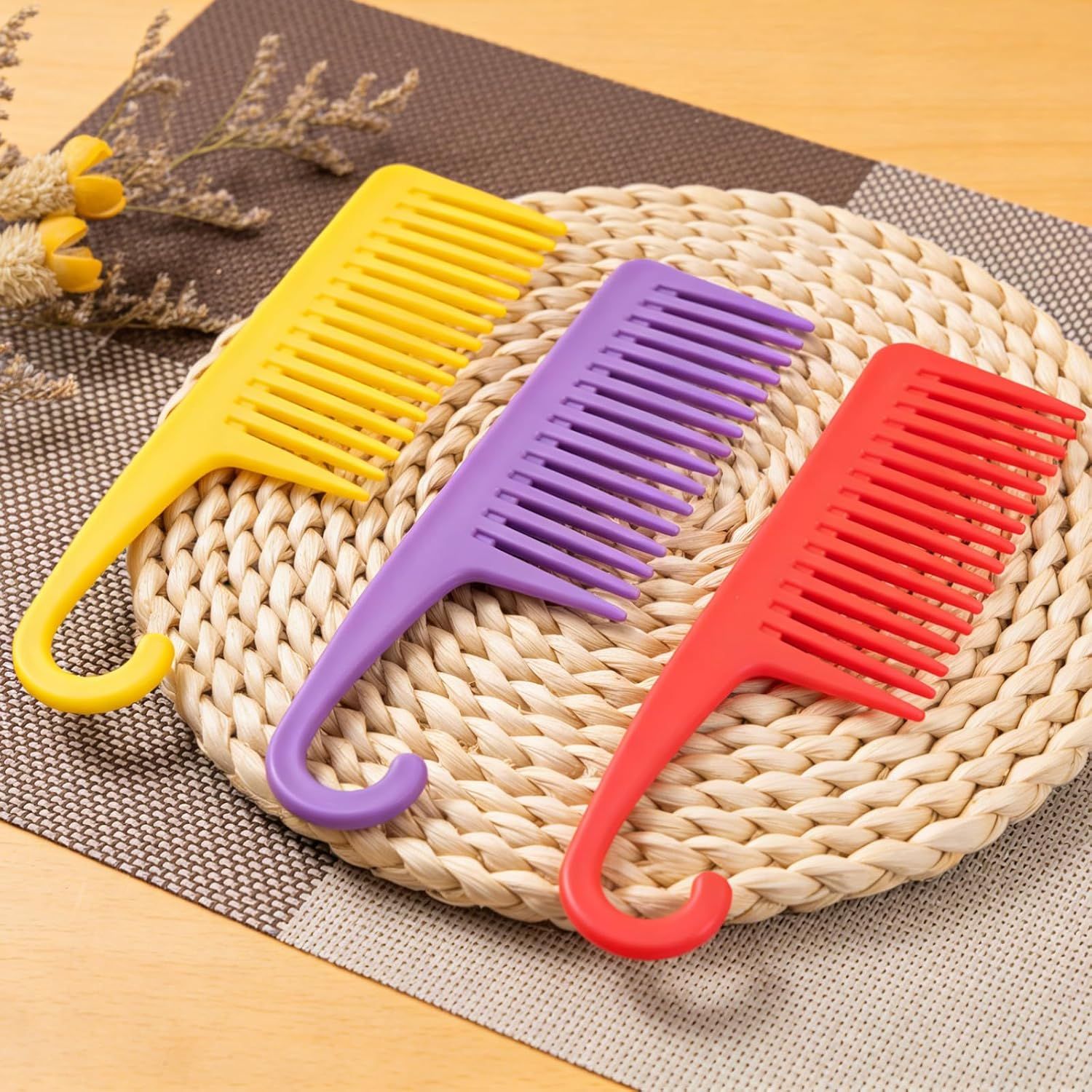 3PCS Wide Tooth Hair Combs with Hook, Large Detangling Shower Combs Set for Wet or Dry Hair, Conditioner Combs for Curly, Thick & Long Hair (Purple/Rose Red/Yellow) - Image 5
