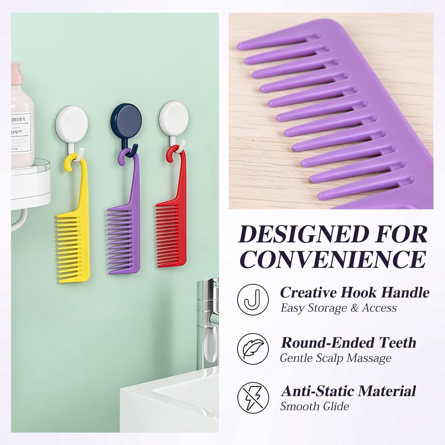 3PCS Wide Tooth Hair Combs with Hook, Large Detangling Shower Combs Set for Wet or Dry Hair, Conditioner Combs for Curly, Thick & Long Hair (Purple/Rose Red/Yellow) - Image 6