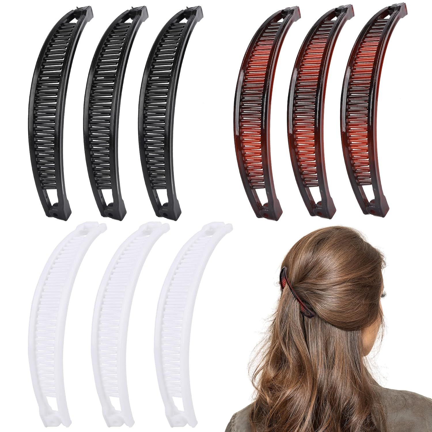 9 Pcs Banana Clips,Banana Hair Clips Ponytail Hair Holder for Long Thick and Curly Hair Women Girls(Brown,Black,White) - Image 1