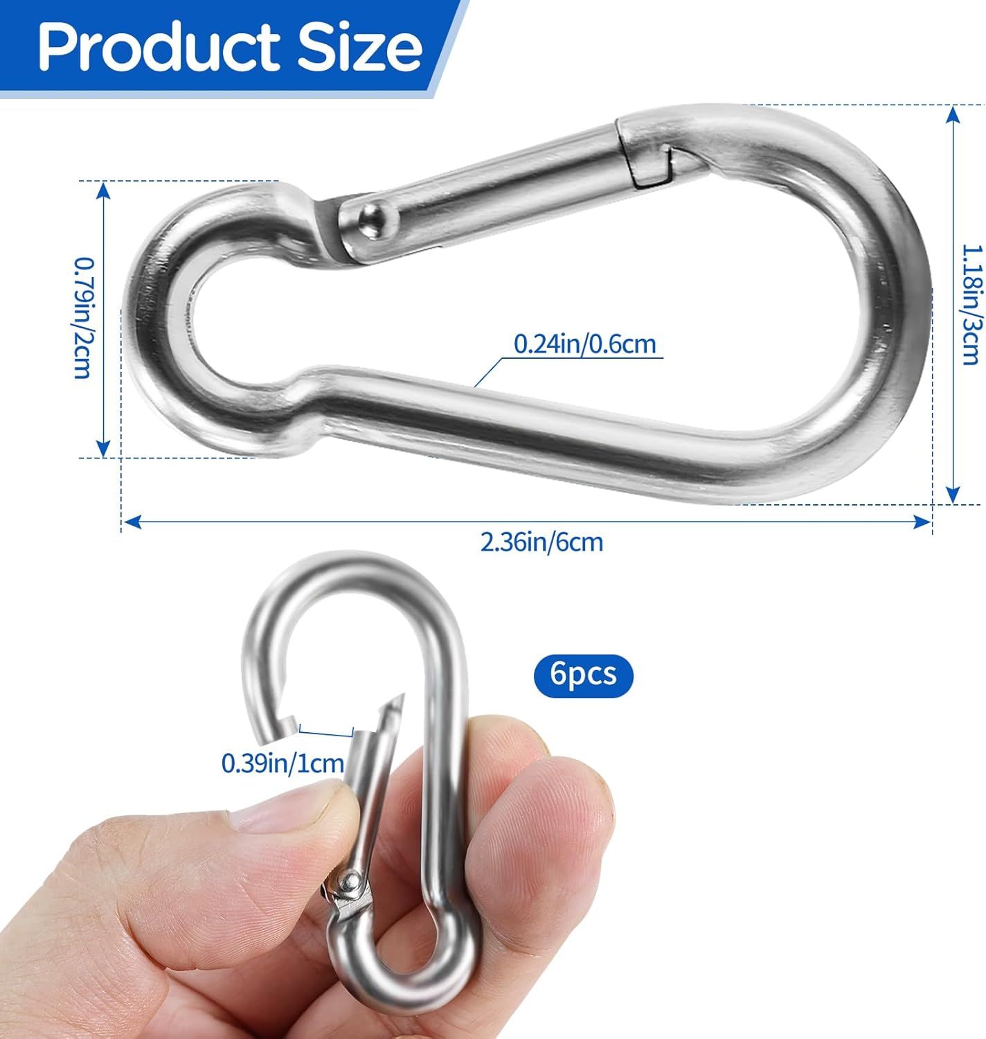304 Stainless Steel Carabiners，M6 Carabiners Clips for Camping,Swing,Hiking,Hammock,Water Bottle, Backpack - Image 2