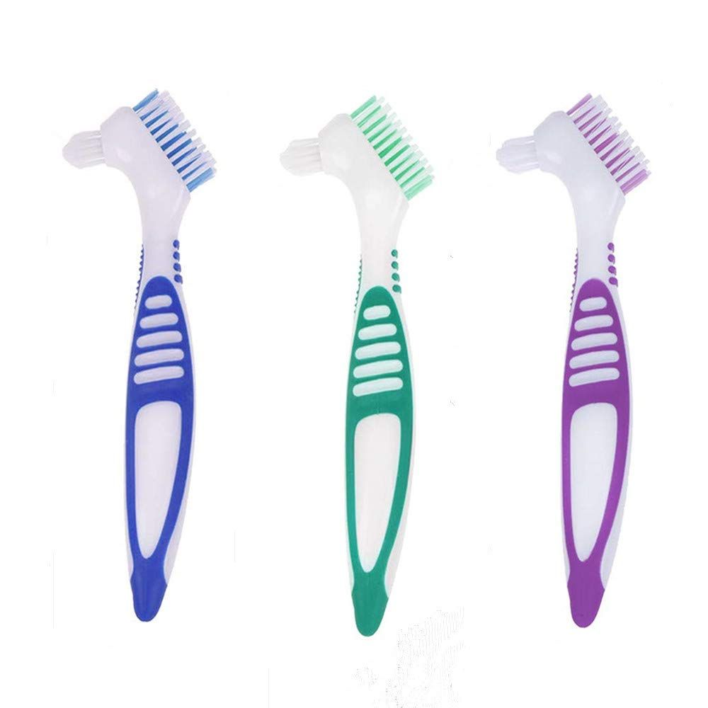 3 Pcs Denture Cleaning Brush Portable Cleaning Brush False Teeth Brushes for Denture Care Denture Cleaner with Multi-Layered Soft Bristles and Dual Angled - Image 1