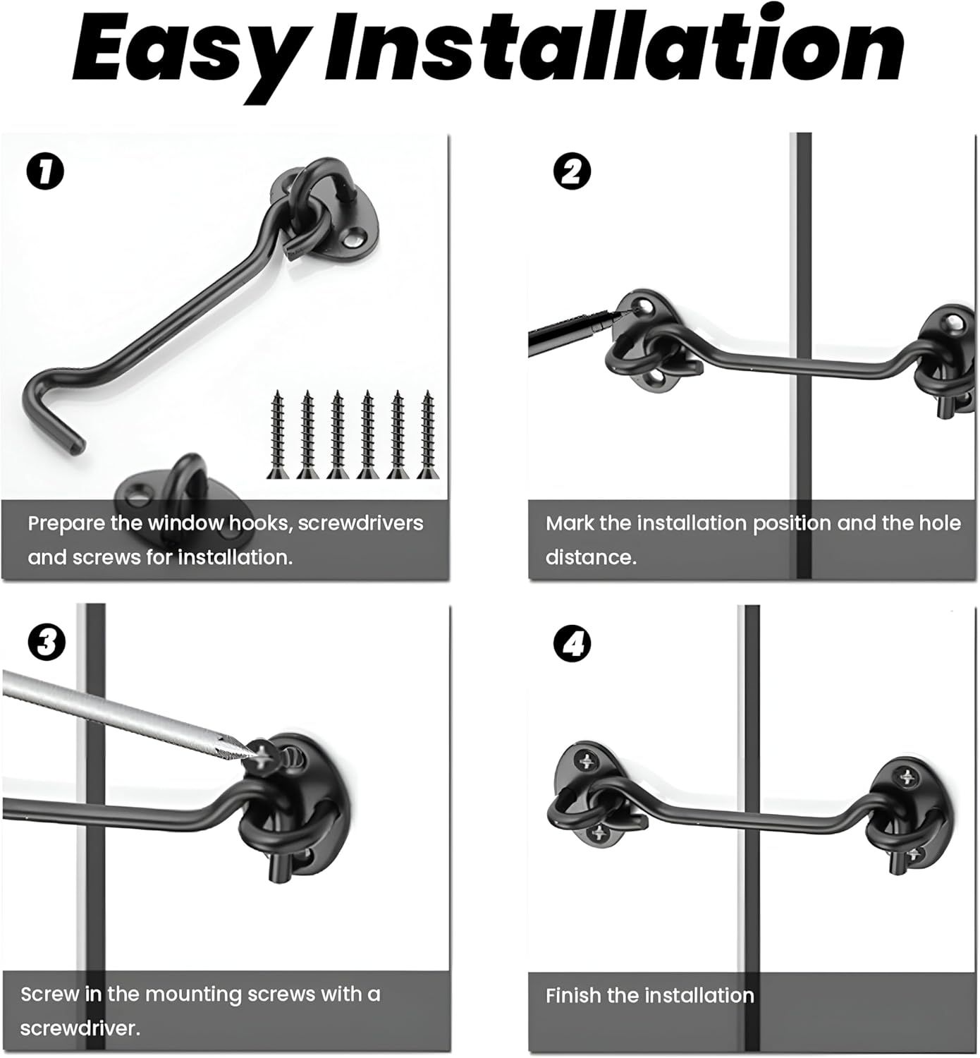 2 Pack 6'' Door Latch Door Lock Hardware, 6'' Hook and Eye Gate Latch Easy Lock for Barn Door, Black Sliding Door Lock with Screws for Window, Cabin Hooks - Image 6