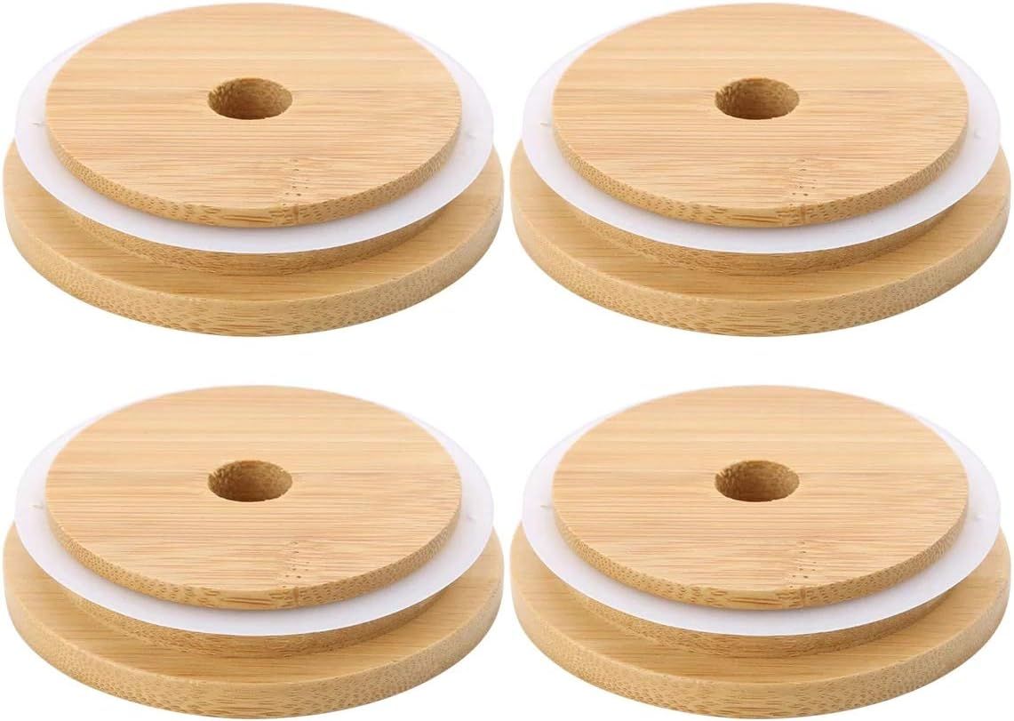 4 Pack 86mm Wide Mouth Bamboo Mason Jar Lids with Straw Hole Reusable Bamboo Caps Leak-Proof Glass Canning Drinking Storage Jars Lid - Image 1