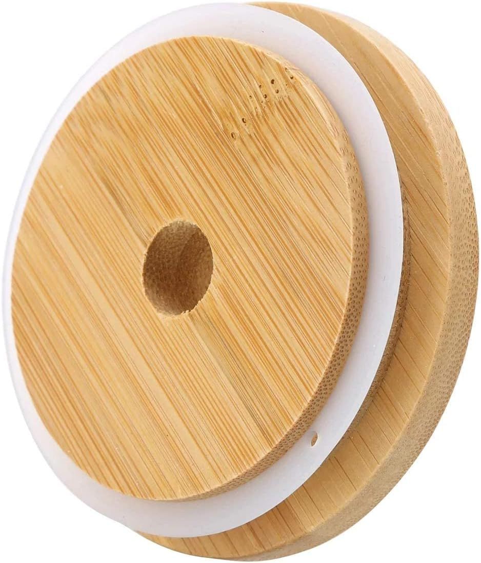 4 Pack 86mm Wide Mouth Bamboo Mason Jar Lids with Straw Hole Reusable Bamboo Caps Leak-Proof Glass Canning Drinking Storage Jars Lid - Image 5
