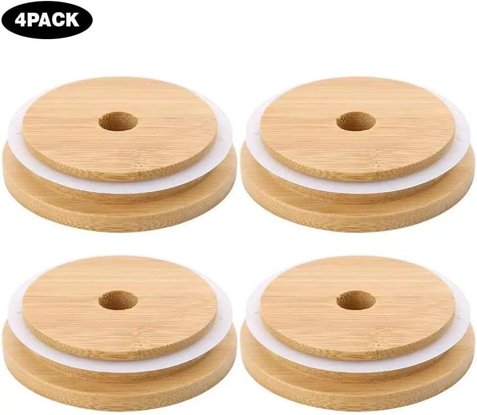4 Pack 86mm Wide Mouth Bamboo Mason Jar Lids with Straw Hole Reusable Bamboo Caps Leak-Proof Glass Canning Drinking Storage Jars Lid - Image 6