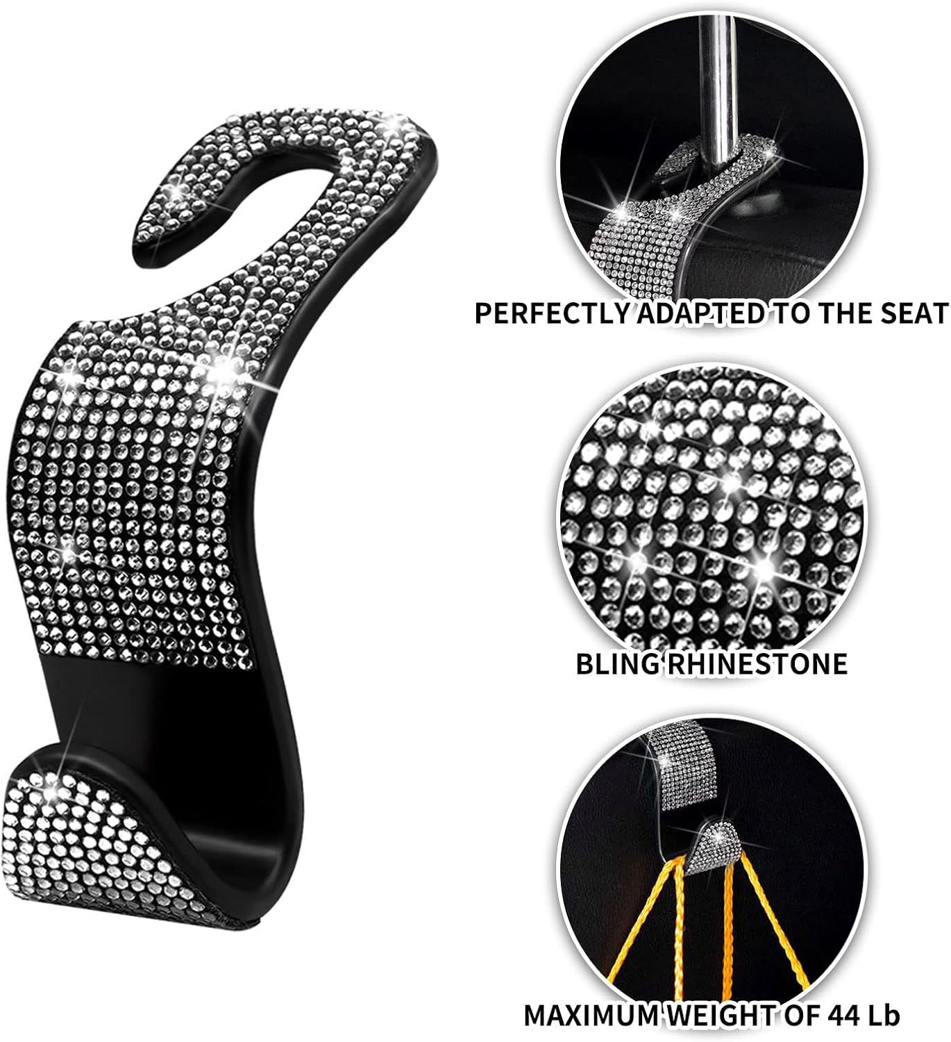 Car Purse Hook Bling Car Headrest Hook for Women Girls, 4 Packs Auto Back Seat Hangers Rear Headrest Hook for Purse, Bag, Handbag, Grocery (Silver) - Image 2