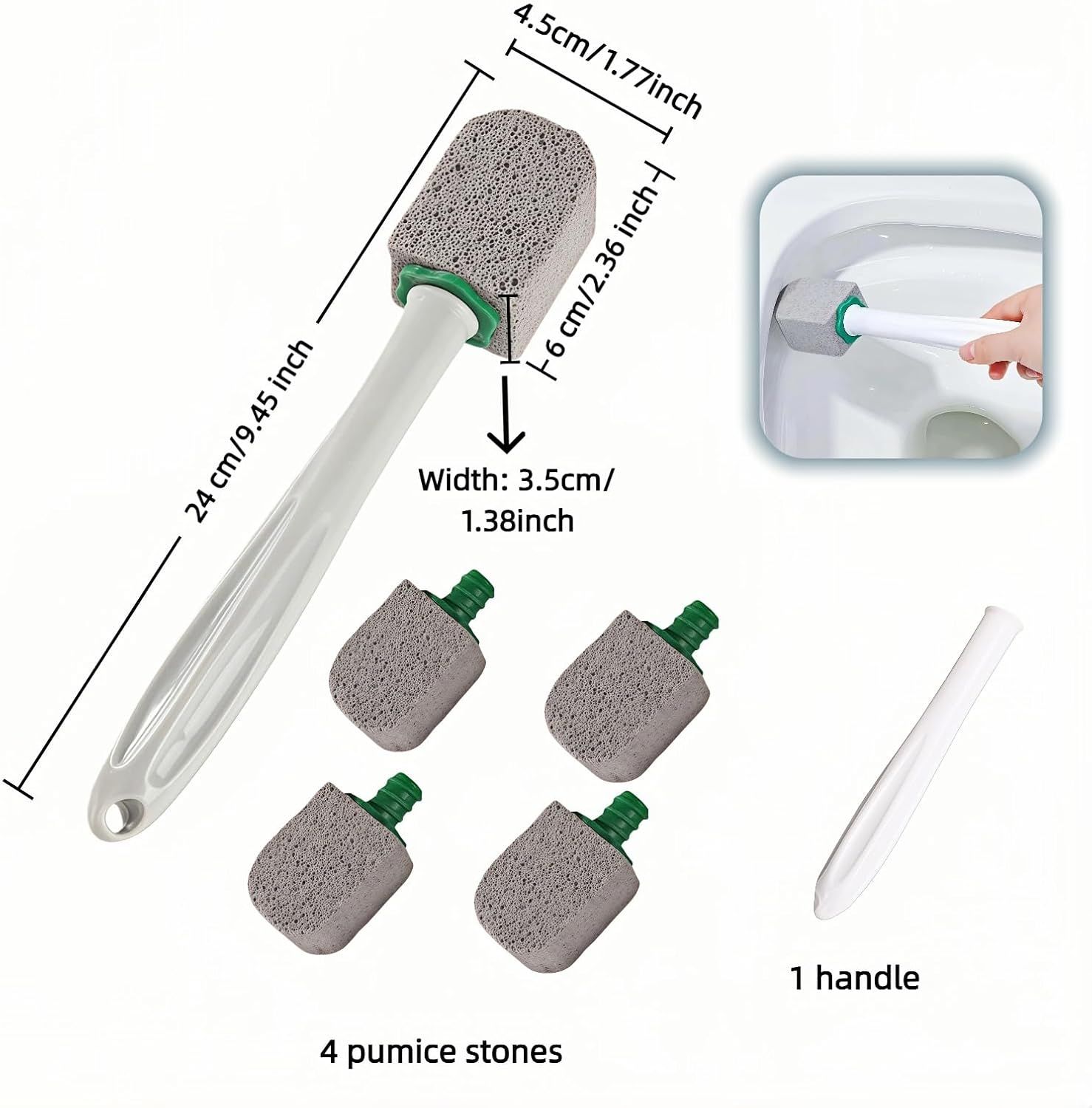 Pumice Toilet Brush Scrubber with 9.5” Handle - 1 Scrubber + 4 Pumice Stones - Remove Hard Water Stains, Rust & Lime from Toilet, Tub, Tile, Grill & Pool - No-Scratch, Easy Grip - Image 2